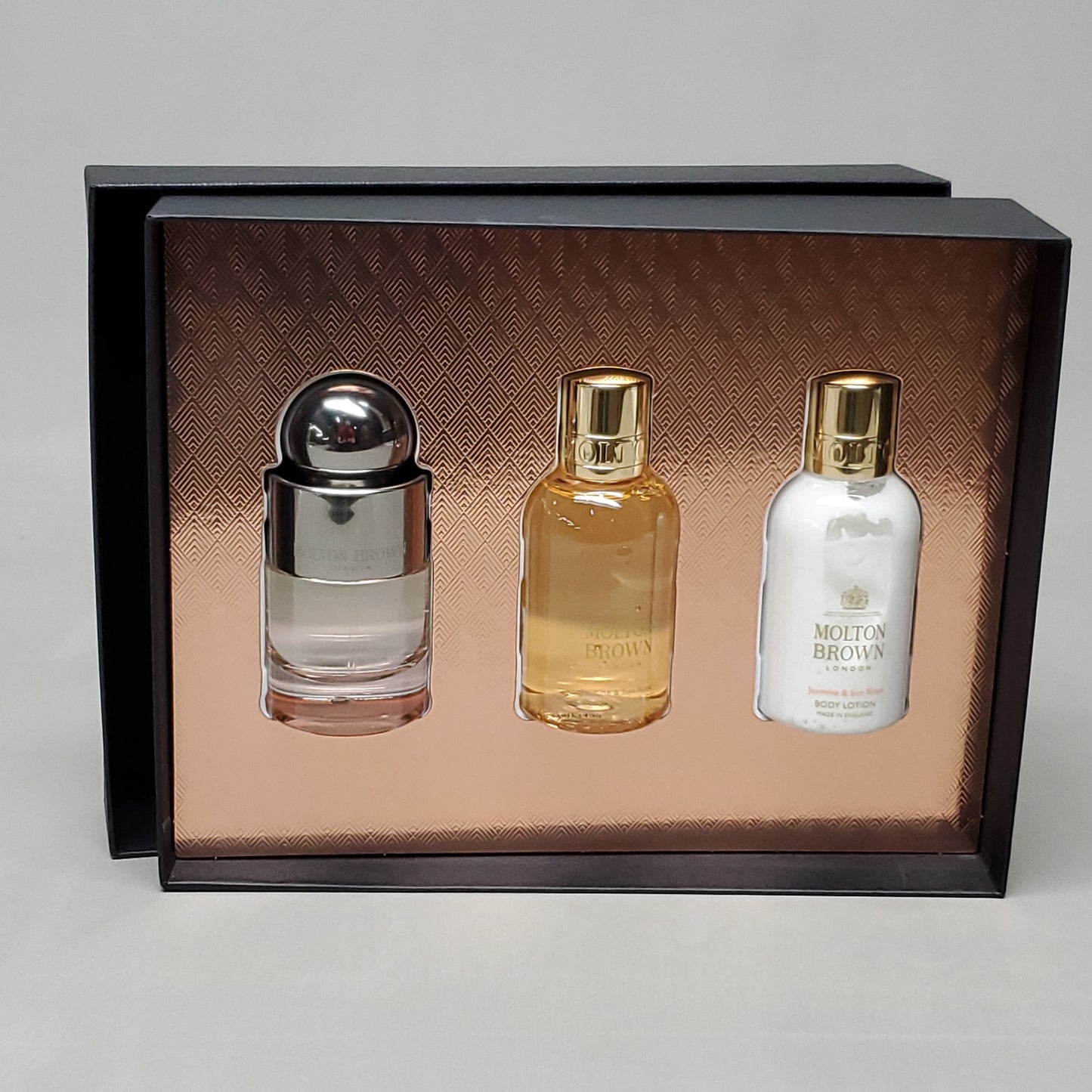 MOLTON BROWN London 3 pc set Jasmine & Sun Rose Bath & Shower Gel & Body Lotion 3.3 fl oz & Eau De Toilette 1.7 fl oz