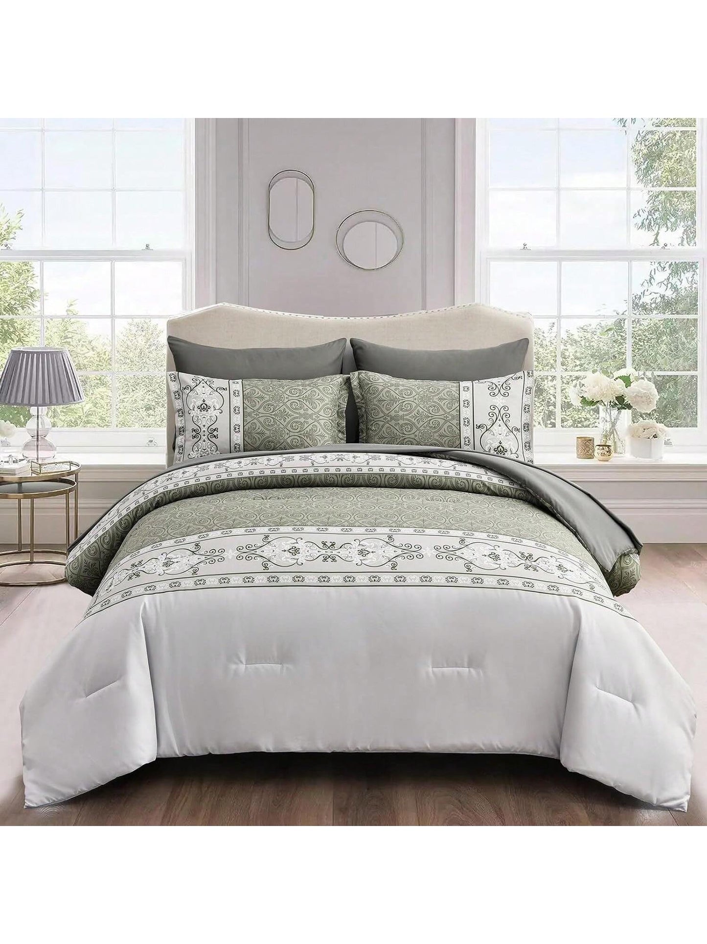 Homehours King Comforter Set Greyish Green Boho Bed in a Bag 7 Piece, Bohemian Floral Patchwork Bedding with Comforter and Sheet Set, Soft Microfiber Bedding for All Season 104''x90''
