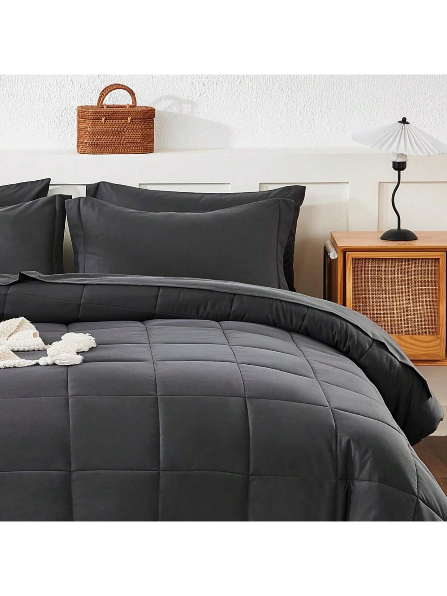 Homehours Queen Comforter Set - 7 Pieces Bed-in-A-Bag All Season Soft Microfiber Bedding Sets for Bedroom with Comforter, Sheets, Pillowcases & Shams, Dark Grey Queen Size