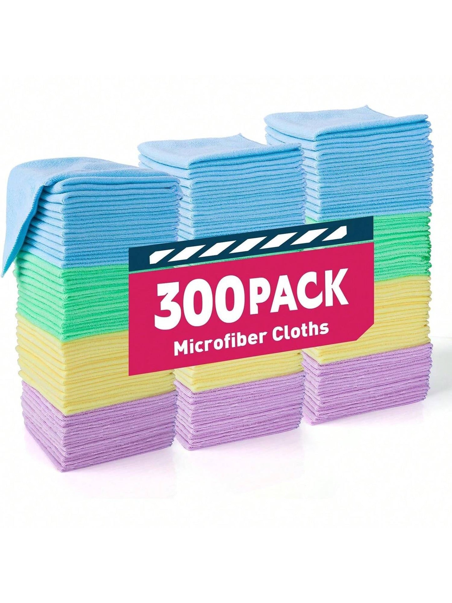 Homehours Microfiber Cleaning Cloth-300 Pack, Reusable Lint-Free Cloth, Absorbent Cleaning Towels for Kitchen, Window, Floor, Car, Washcloths, Microfiber Towels, 4-Color Assorted 12x12 inches