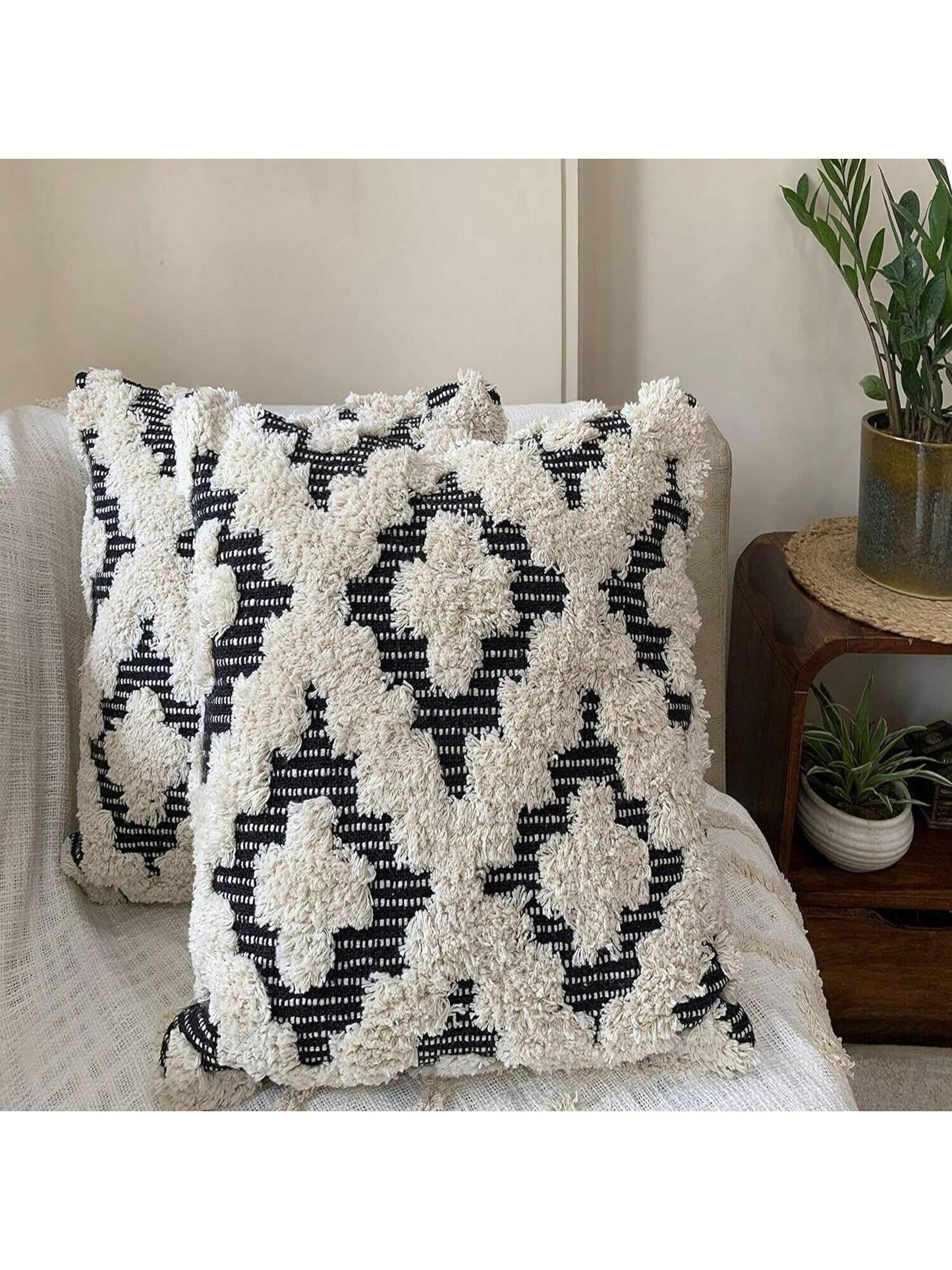 Set of 2 Boho Throw Pillow Covers for Couch, 18 x 18 & 20 x20 Inch Cotton Hand-Woven Tufted Decorative Pillows Covers Bedroom Living Room, Farmhouse (18x18)