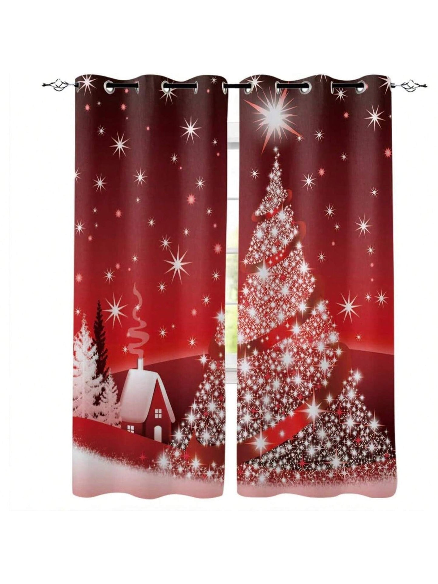 Homehours Window Curtains for Living Room Bedroom-Christmas Tree Xmas Dration Background,Chic Grommet Kitchen Semi Sheer Draperies for Sliding Glass Door Set of 2 Panels 104" W by 63" L