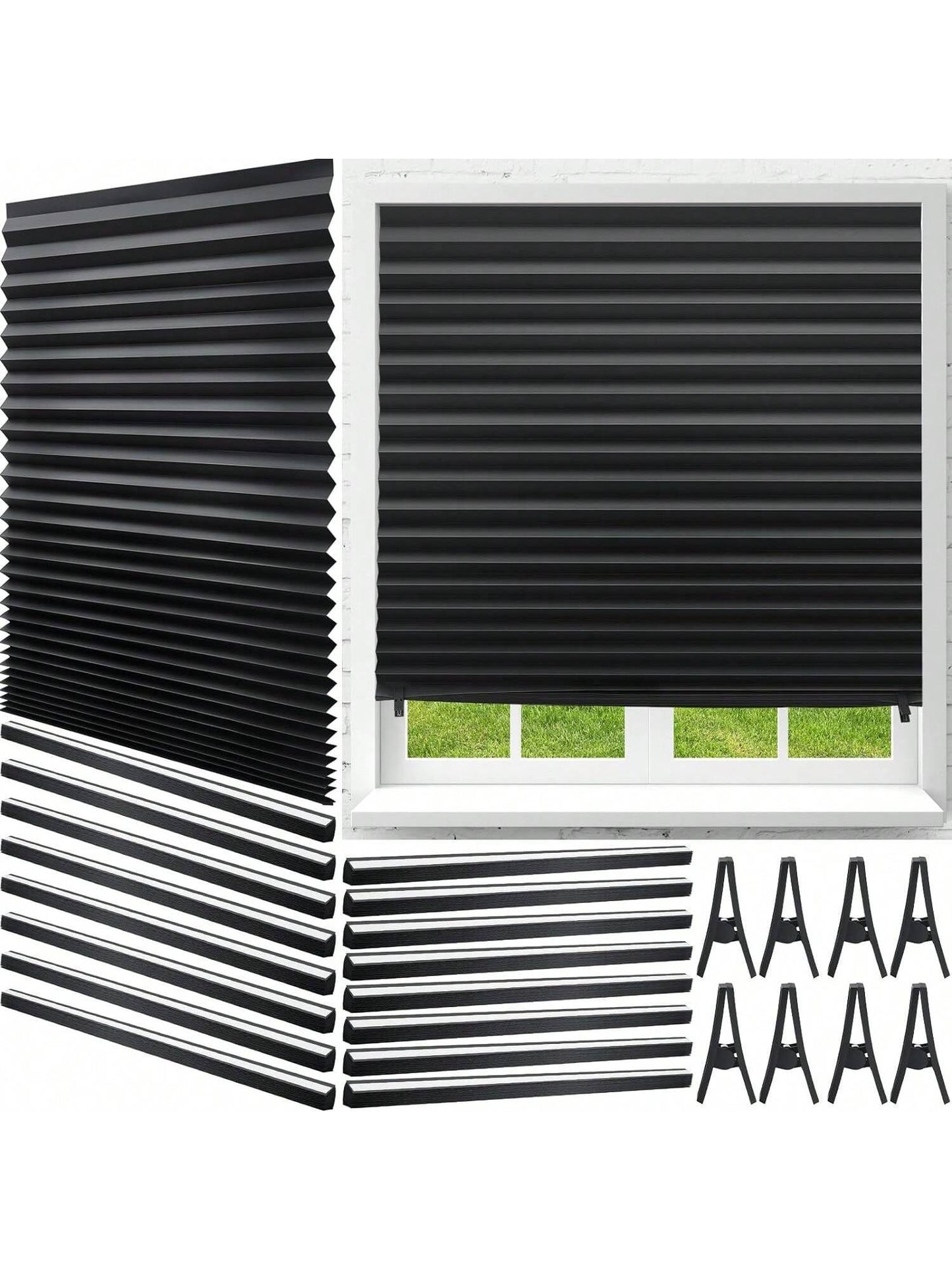 Homehours 20 Pcs 36 x 72 Inches Temporary Blackout Paper Shades for Windows, Cordless Blackout Pleated Paper Shade Paper Window Blinds with Adhesive and 40 Pcs Clips for Indoor Bedroom, Black