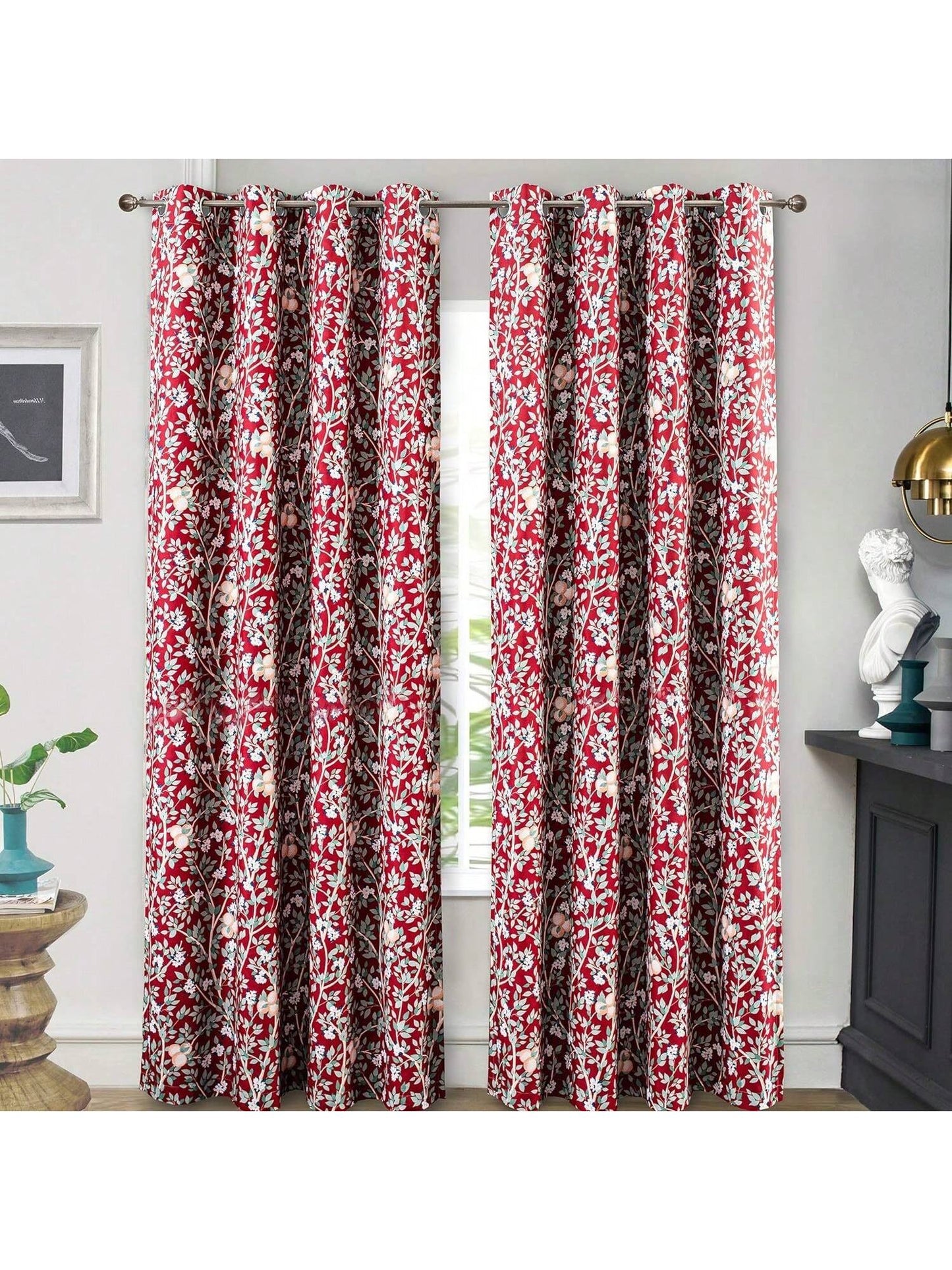 Homehours Isa Flowers Leaves Botanical Classic Pattern Lined Thermal Insulated Blackout and Room Darkening Grommet Window Curtains Set of 2 Panels 52 Inch by 84 Inch Red
