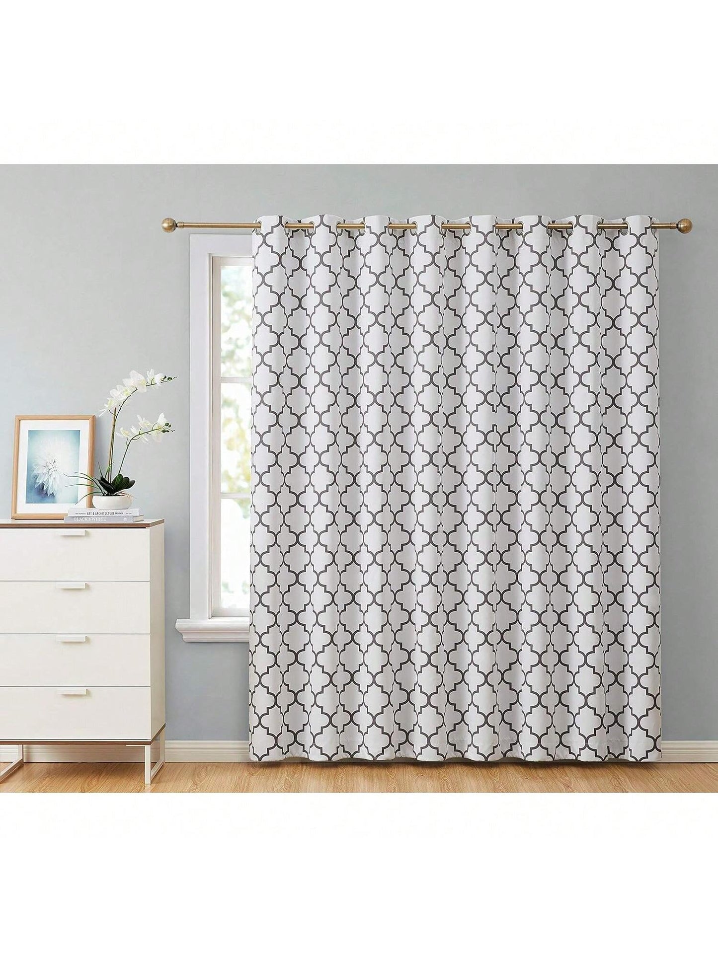 Homehours Lattice Print Thermal Grommet Blackout Patio Door Window Curtain for Sliding Glass Door - White & Grey - 100" W x 84" L - 1 Panel