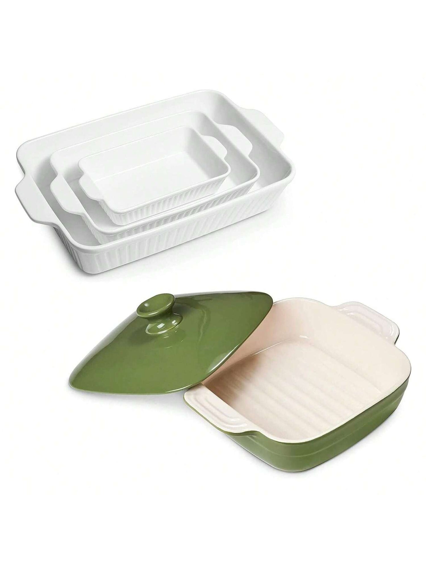 Homehours Baking Dish With Lid, Ceramic Lasagna Pan Deep, Casseroles dish with lids, 53.4 OZ Rectangular Bakeware With Handle Oven Safe for Cooking,Pasta, Dinner, Banquet, Christmas, 8 x 8 Inches, Green
