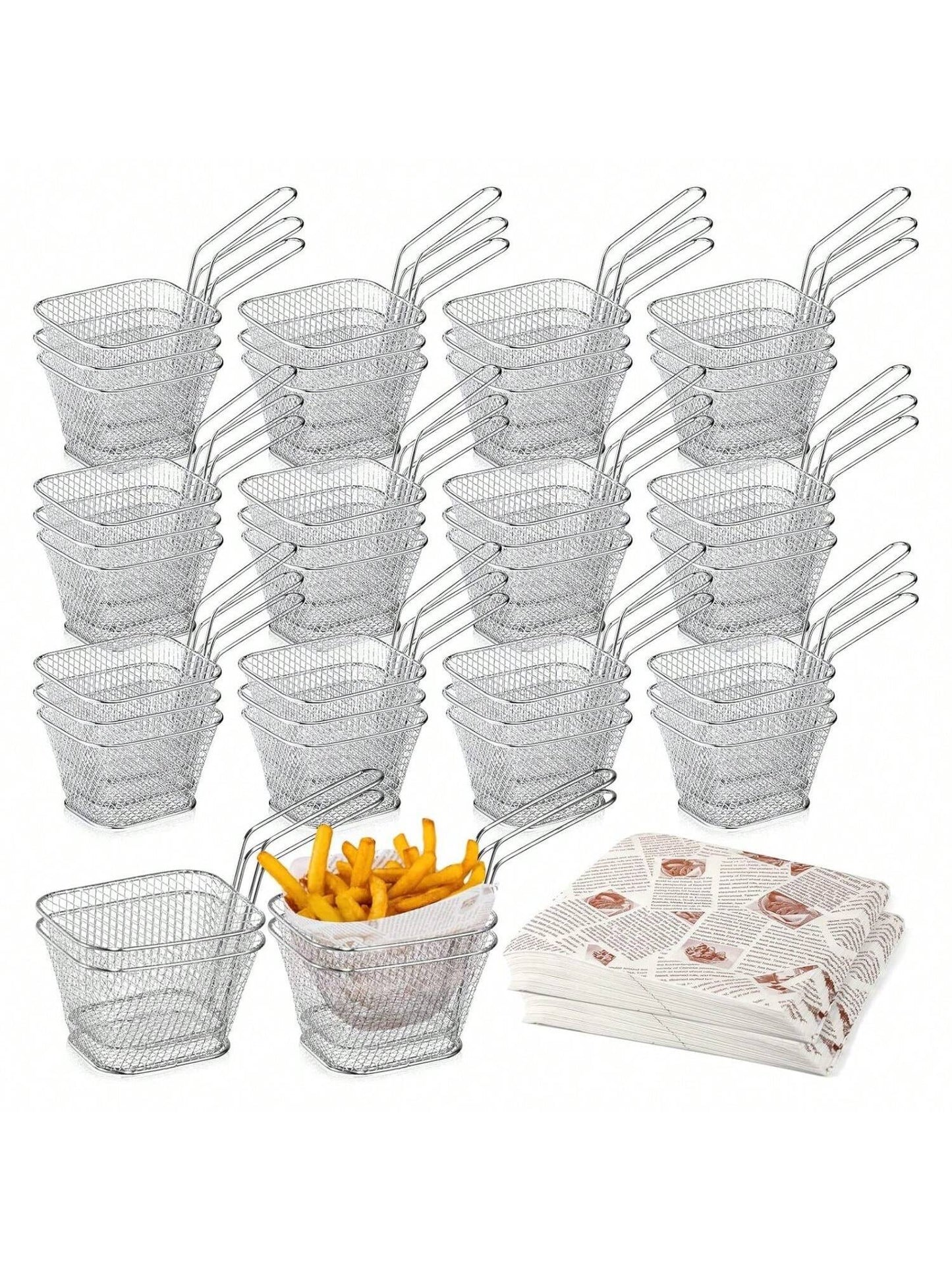 Homehours 40 Pcs Mini Square Fry Basket with 400 Sheets French Fries Deli Stainless Steel Holder Sandwich Wrapping Food Liners Baskets Handle for Serving