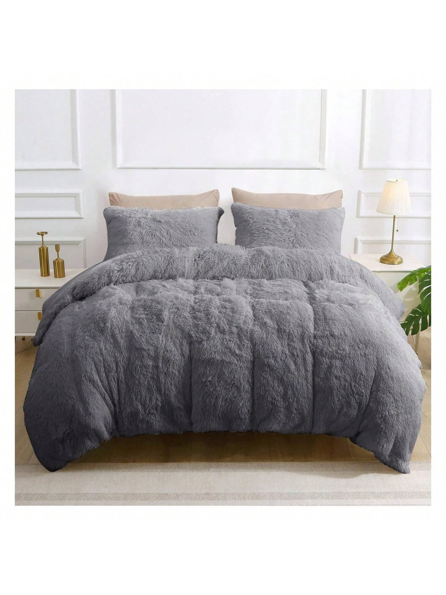 Fluffy Shaggy Duvet Cover California King, 3 Pieces Plush Fur Duvet Cover Set with Zipper Closure & Corner Ties, Fuzzy Comforter Cover with 2 Pillowcases Grey, 104x98