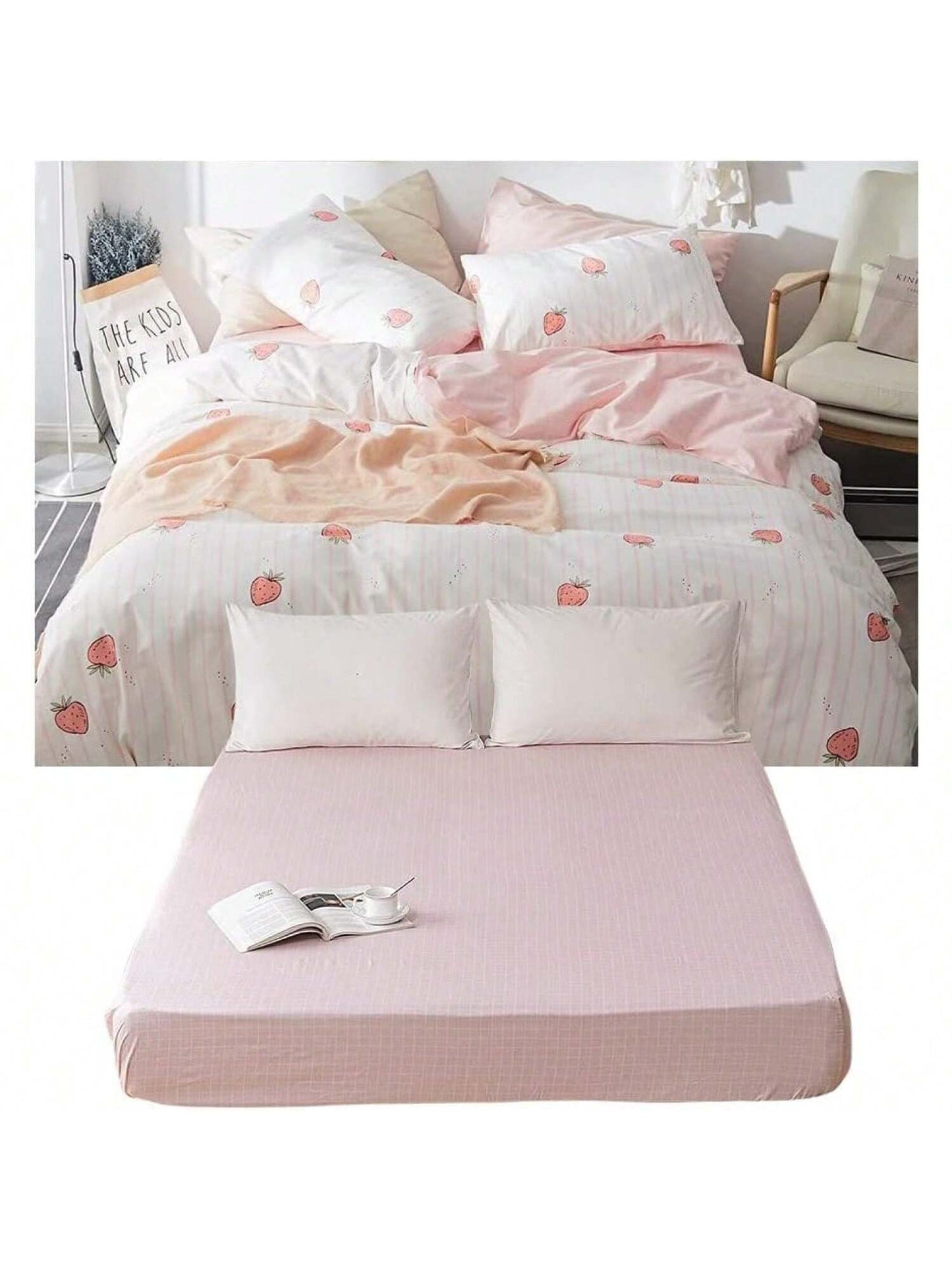 Homehours 4 PCS Kawaii Strawberry Duvet Cover Set1 Duvet Cover + 2 Standard Pillowcases + 1 Fitted Sheet