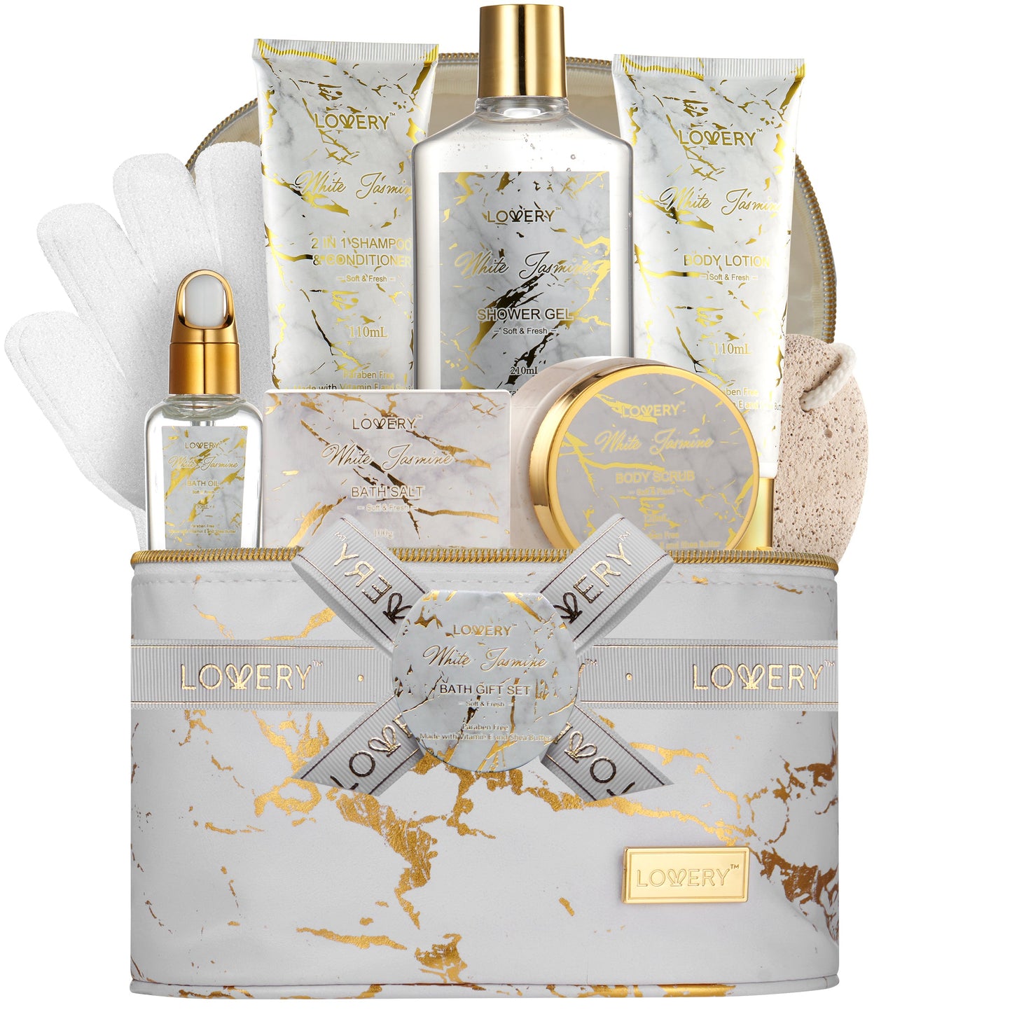 Luxe White Jasmine Bath and Body Package - 9Pc Selfcare Gift
