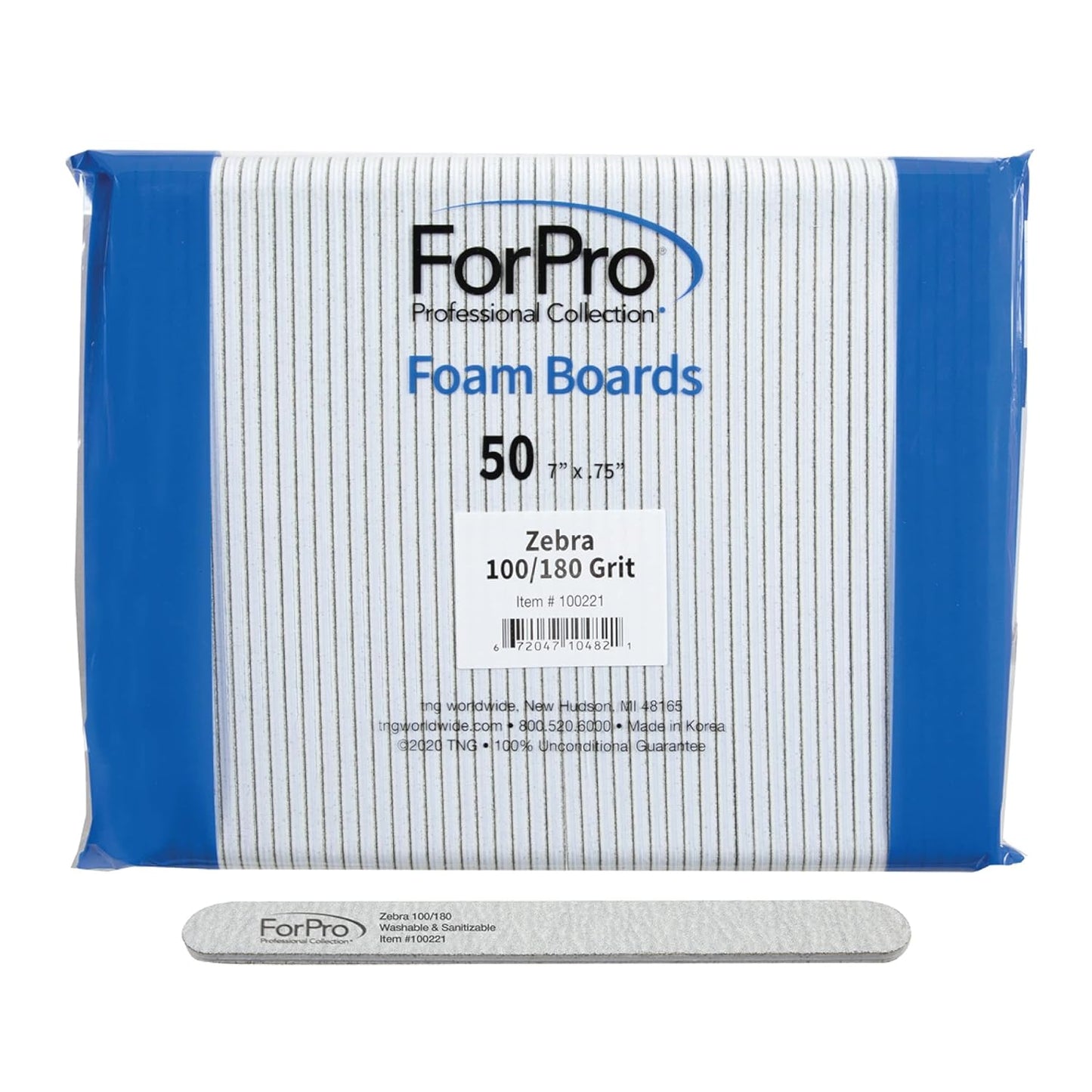 ForPro Zebra Foam Board, 100/180 Grit, Double-Sided Manicure Nail File, 7Ó L x .75Ó W 50-Count