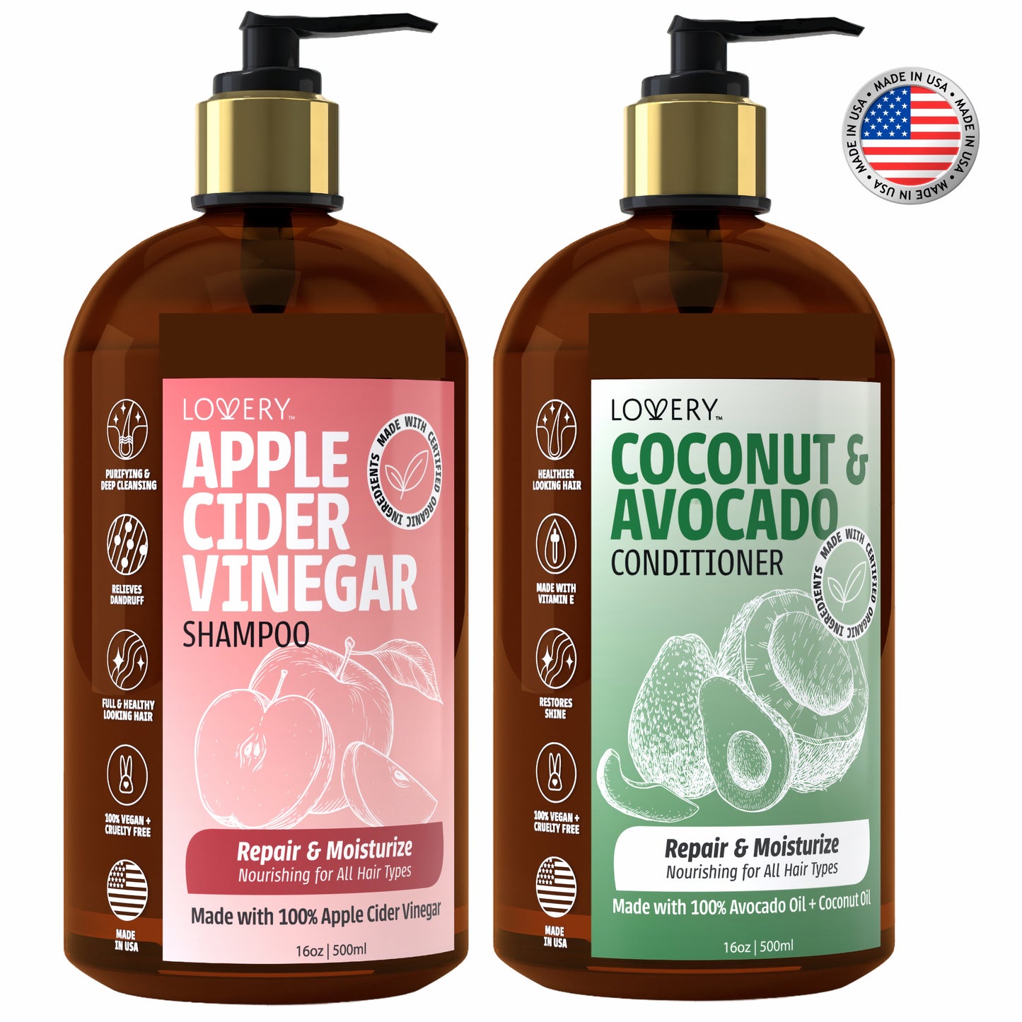 Apple Cider Vinegar Shampoo & Coconut Avocado Conditioner Gift Set - 32oz Hair Care Made in USA