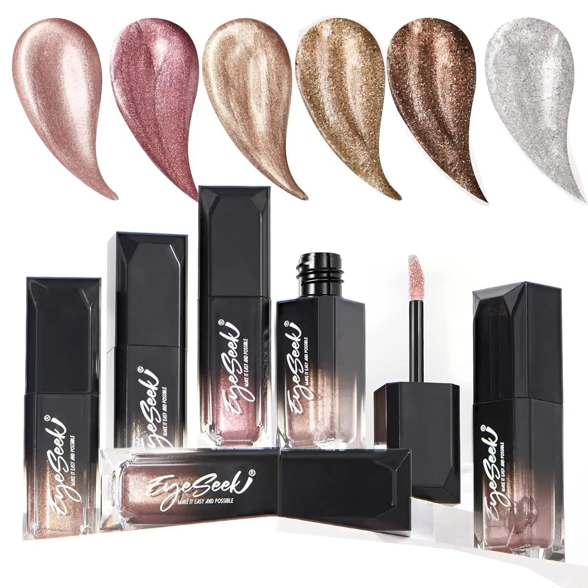 EYESEEK Liquid Eyeshadow Metallic Brown Eye Makeup Set, Brilliant Cream Gel Highlighter Shimmer Glitter Shadow Champagne Blush Brightener Eyeliner, Rose Gold Eyes Liner Make Up Kit Holographic Sets