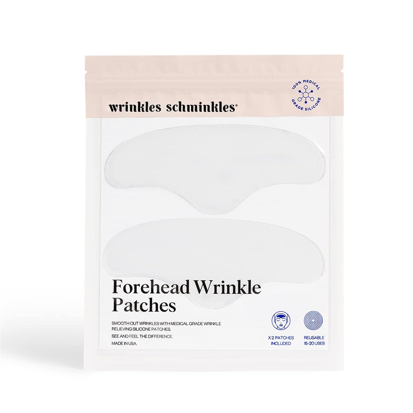 Wrinkles Schminkles Forehead Wrinkle Patches, 2-Pack, Reusable Hypoallergenic Silicone Smoothing Pads for Reducing Frown Lines & Face Lift Overnight