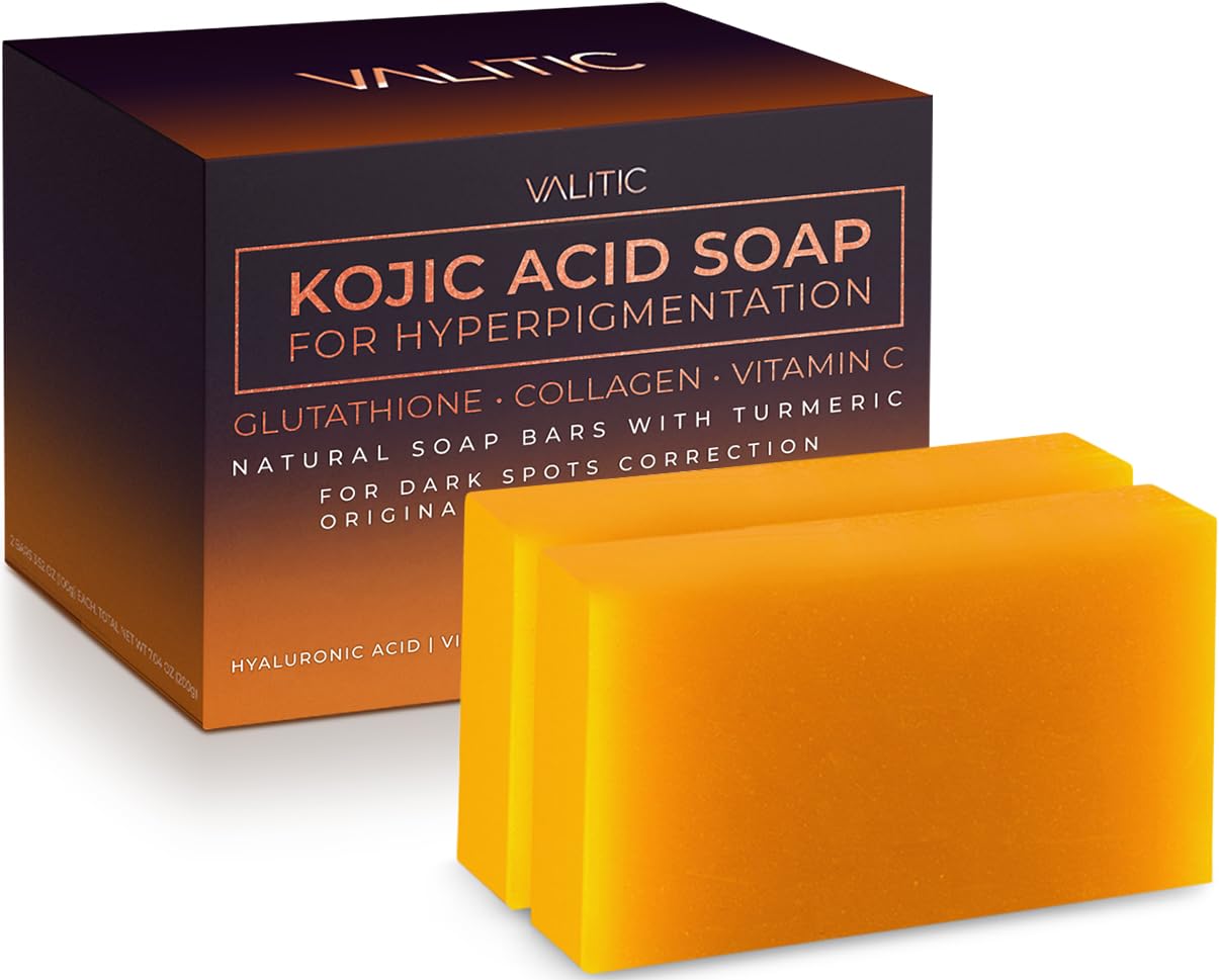 VALITIC Kojic Acid Soap for Hyperpigmentation - with Glutathione, Collagen & Vitamin C - Natural Soap Bars with Turmeric - Original Japanese Complex for Dark Spot Correction - 2 Pack