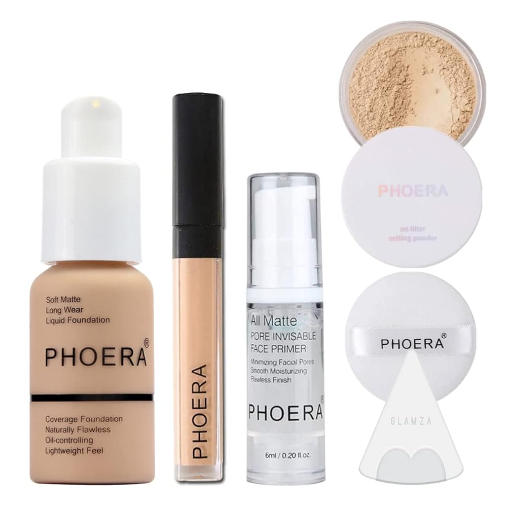 Glamza Full Coverage Makeup Set with Foundation (102 Nude), Concealer Stick (102 Neutral), Primer Gel, Setting Powder, Make Up Pad & Sponge - Complete Face Cosmetics Kit for Women