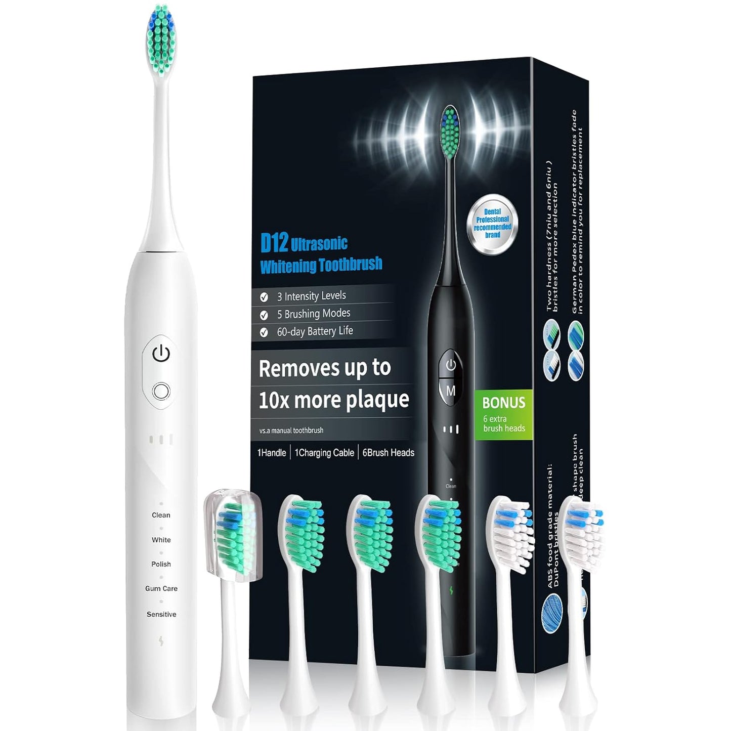 Sonic Electric Toothbrush for Adults, Rechargeable Electric Toothbrush with 6 Replacement Brush Heads, 5 Modes and 3 Intensity Levels with 2 Minutes Smart Timer Reminder Travel, Gift (Antique White)