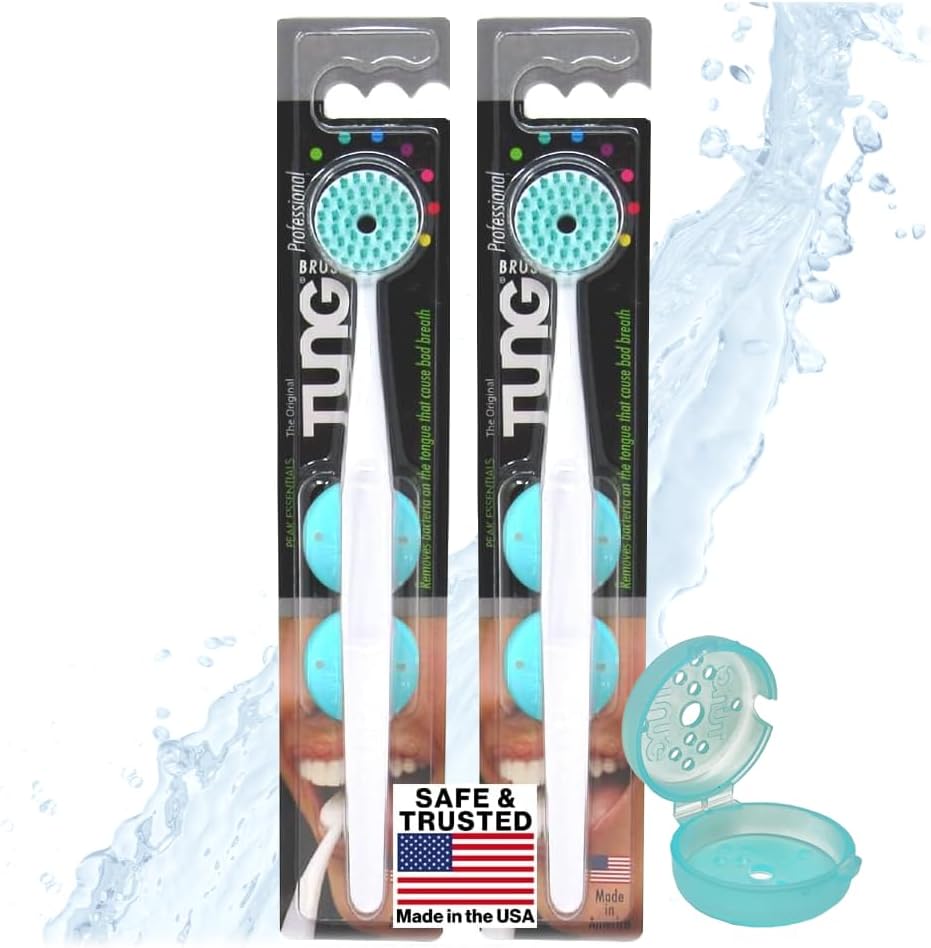 Tung Tongue Brush with Caps | Tongue Cleaner for Adults | Tongue Scraper | Tongue Scrubber | Bad Breath and Halitosis | Mouth Odor Eliminator | Made in America (2 Pack w/Cap)
