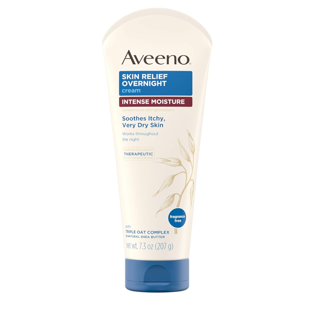 Aveeno Skin Relief Overnight Intense Moisture Cream with Triple Oat Complex & Natural Shea Butter, Therapeutic Dimethicone Skin Protectant for Dry Itchy Skin Relief, Fragrance- & Steroid-Free, 7.3 oz