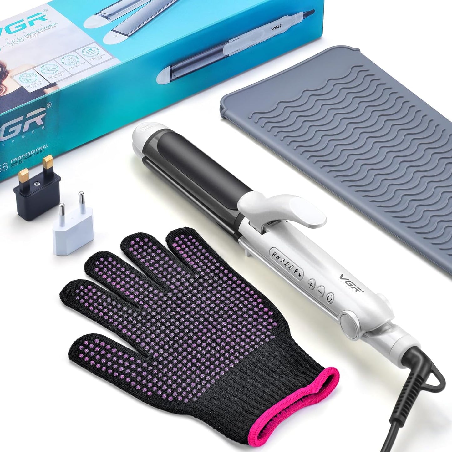 VGR Travel Curling Iron - 110V-120V/220V-240V Dual Voltage Curling Iron with European Plug Adapter for International Travel, EU/UK Plug Adapter & Travel Mat Pouch Included