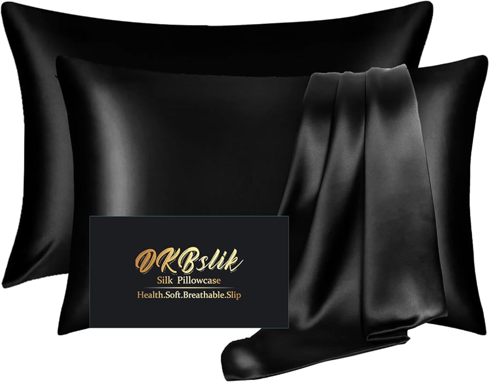 Silk Pillow Cases 2 Pack, Mulberry Silk Pillowcases Standard Set of 2, Health, Smooth, Anti Acne, Beauty Sleep, Both Sides Natural Silk Satin Pillow Cases for Women 2 Pack with Zipper for Gift, Black
