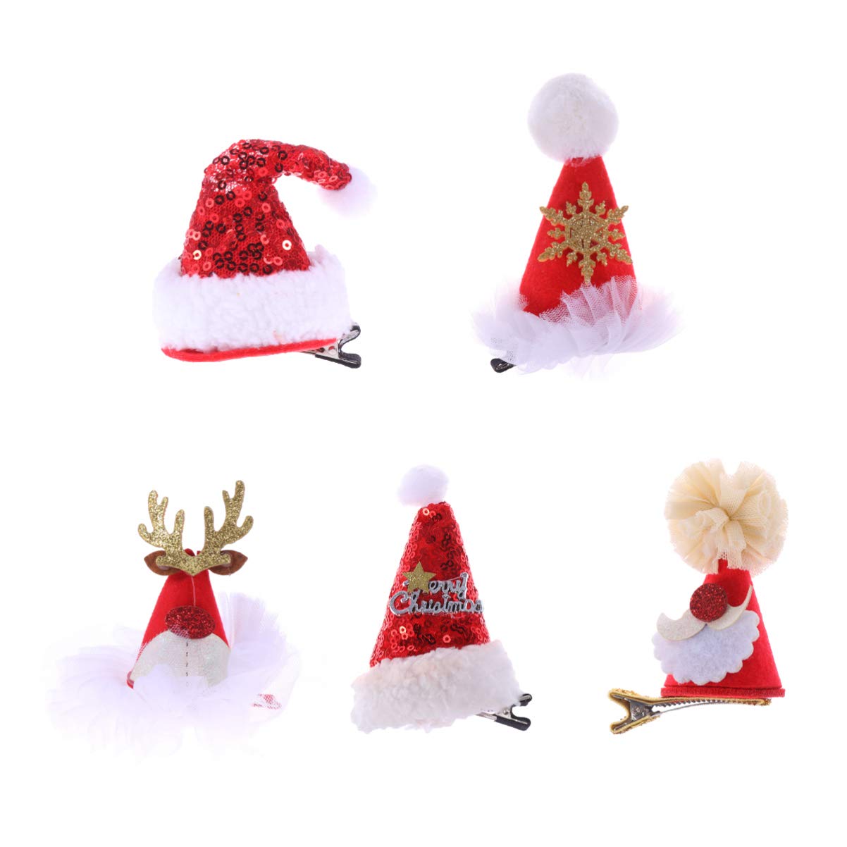 Happyyami 5pcs Merry Christmas Hair Clips Glitter Sequin Christmas Hat Barrettes with Snowflake Reindeer Santa Xmas Hair Accessories for Xmas Holiday Party Favors Gifts