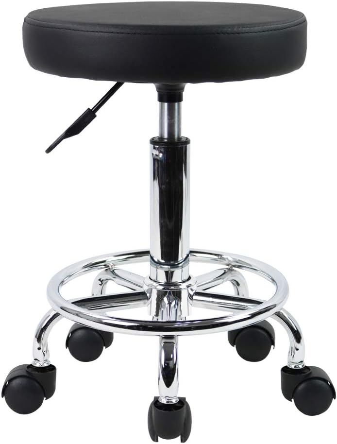 KKTONER PU Leather Round Rolling Stool with Foot Rest Swivel Height Adjustment Spa Drafting Salon Tattoo Work Office Massage Stools Task Chair Small (Black)