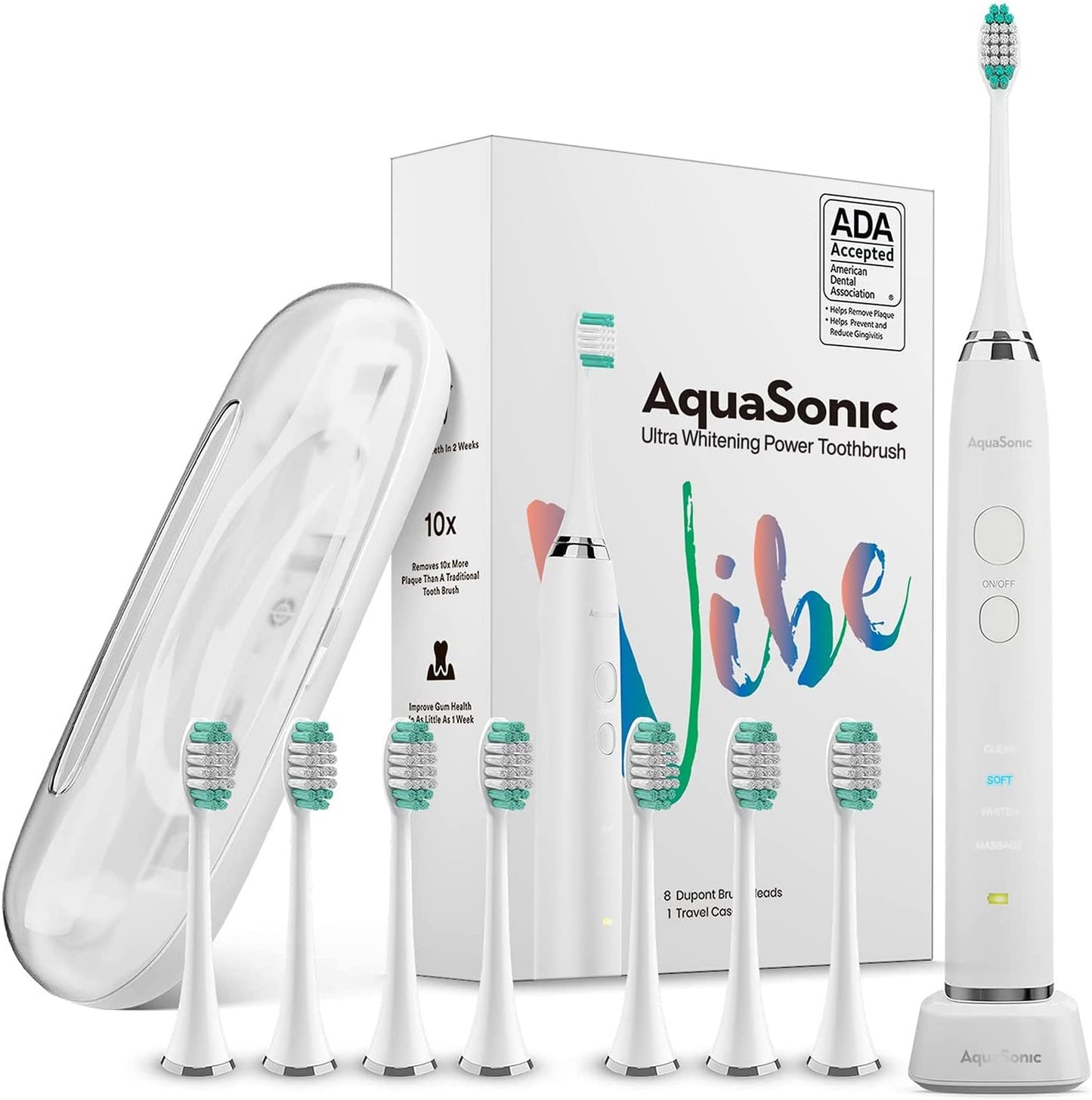AquaSonic Vibe Series Ultra Whitening Toothbrush – ADA Accepted Power Toothbrush - 8 Brush Heads & Travel Case 40,000 VPM Motor & Wireless Charging 4 Modes w Smart Timer Optic White