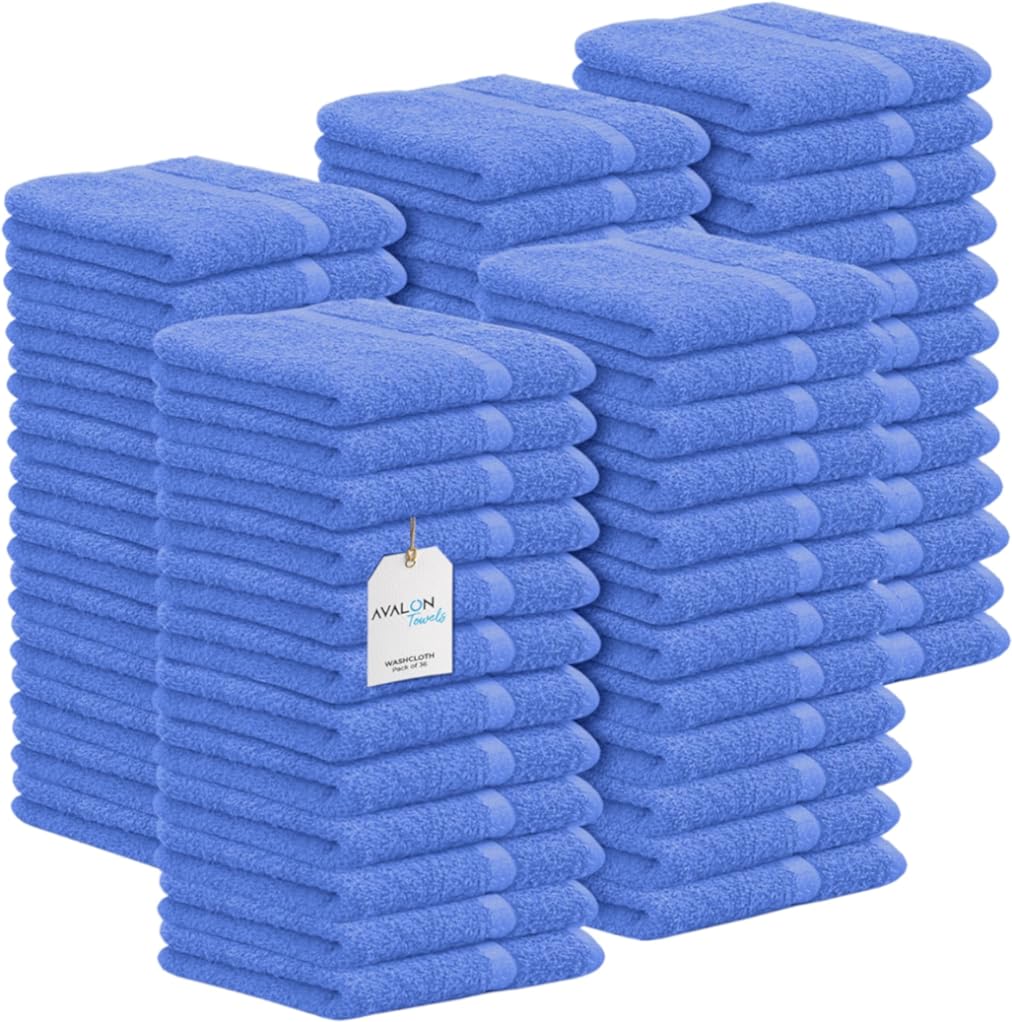 Avalon Towels Cotton Washcloths Ð (Pack of 60) Bulk 12"x12" Premium Ring Spun Cotton, Absorbent, Soft Face Towels, Gym Towels, Hotel and Spa Quality, Reusable Fingertip Towels (Blue)