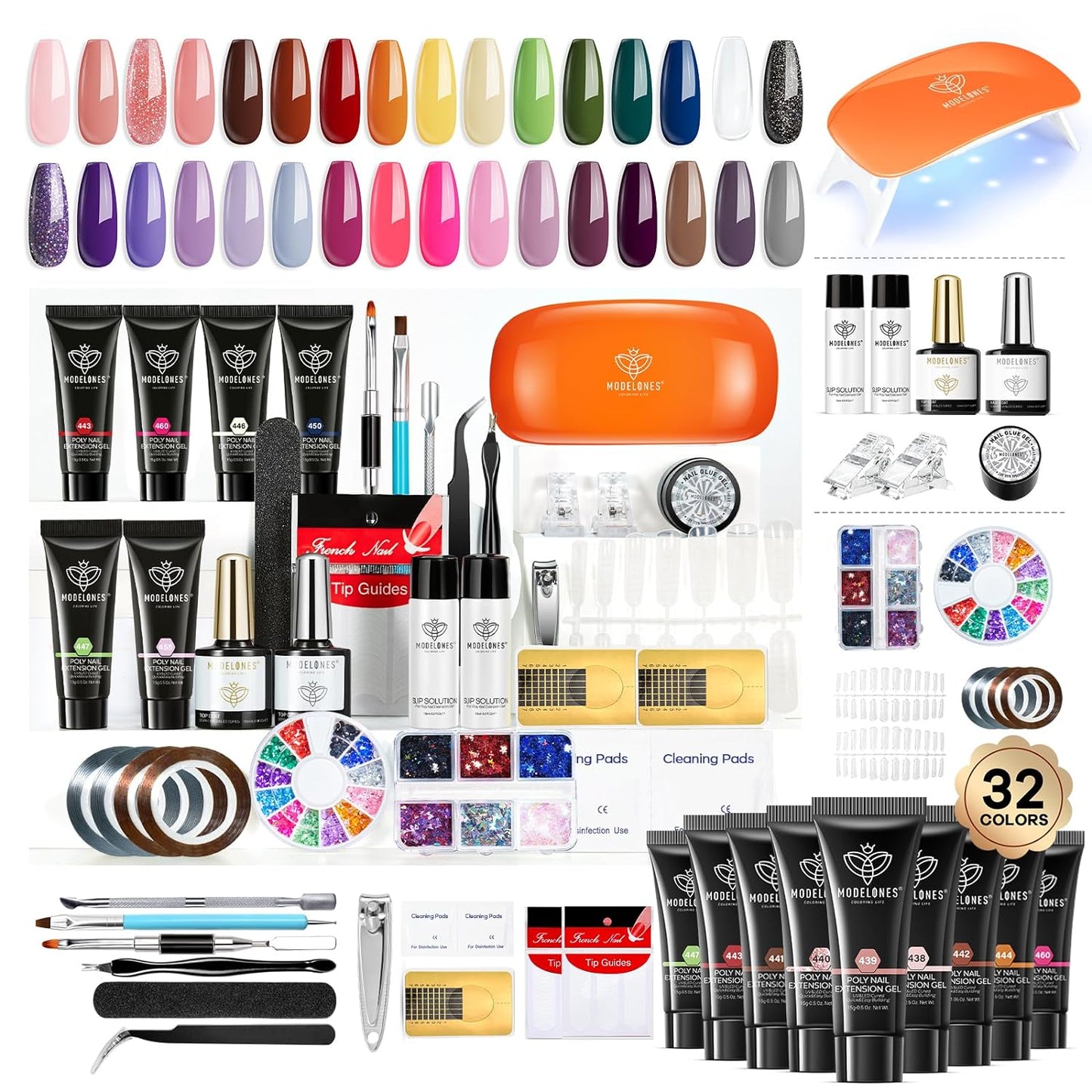 Modelones 133pcs Poly Extension Gel Nail Kit, 32 Colors All Seasons Poly Nail Gel kit with Nail Lamp Slip Solution Builder Nail kits Manicure Tools Nail Forms All In One for Starter Nail Art for Women