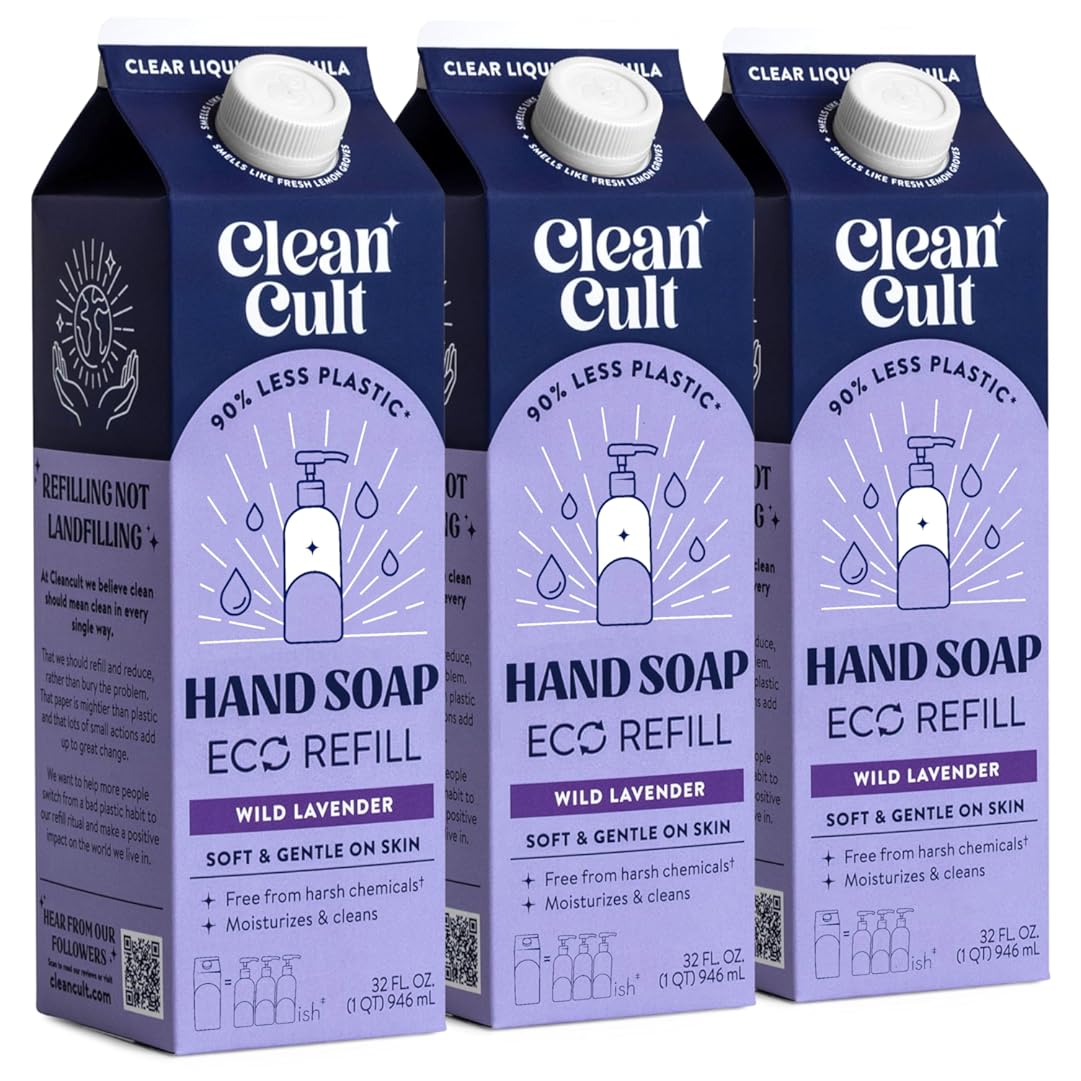 Cleancult - Liquid Hand Soap Refills - Wild Lavender - Made with Aloe Vera & Lavender Essential Oil - Nourishes & Moisturizes Dry & Sensitive Skin - Eco Friendly - Paper-Based Packaging - 32 oz/3 Pack