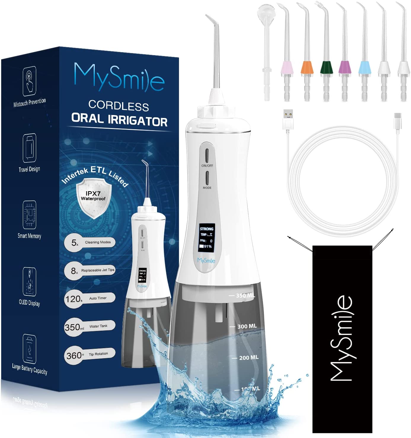 MySmile Cordless Water Flosser for Teeth Cleaner, 350ml Dental Plaque Remover Tool with 5 Modes (White)