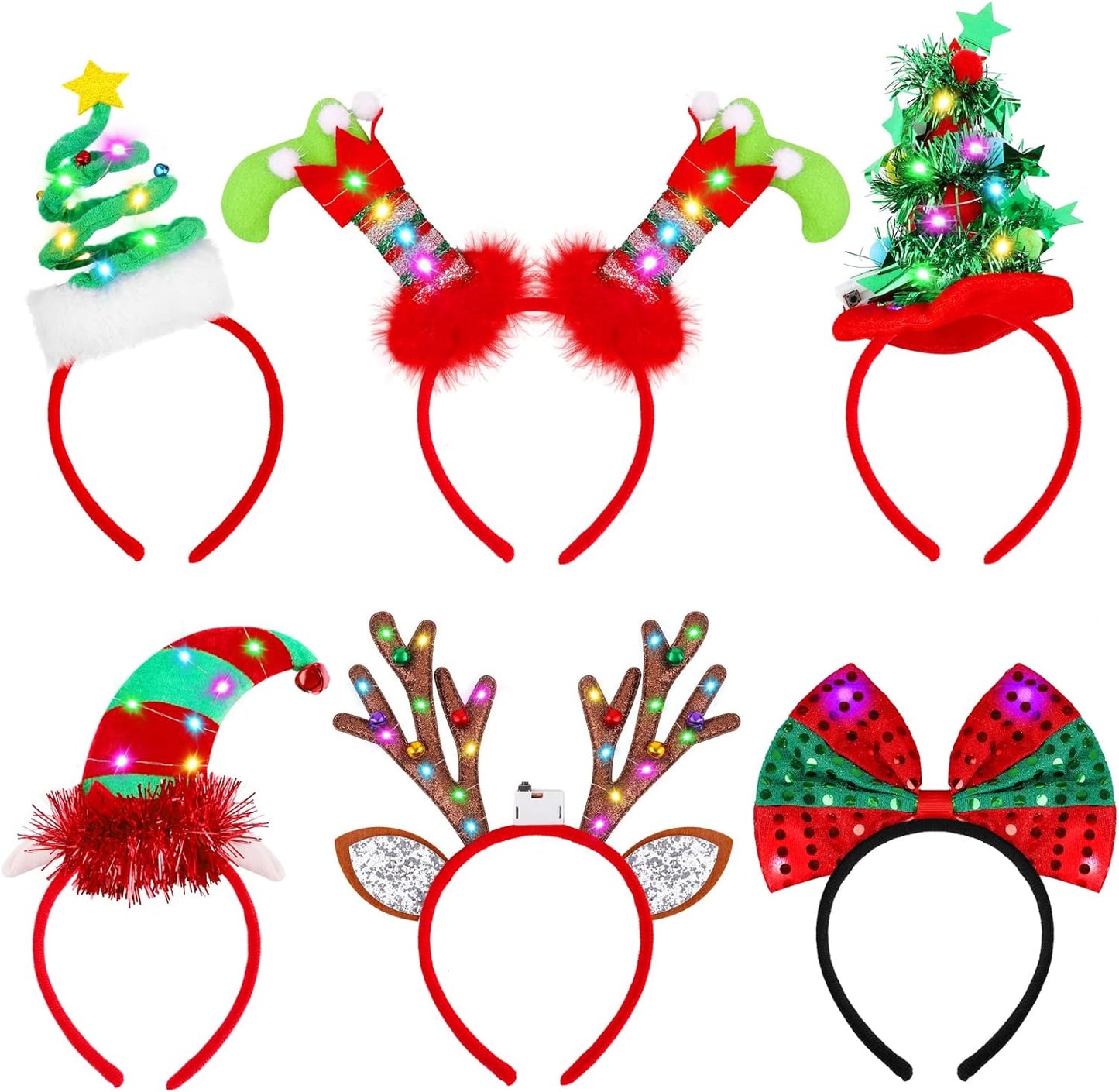 Fovths 6 Pack Christmas Headbands LED Reindeer Head Boppers Xmas Antler Santa Elves Hair Bands for Christmas Holiday Party Accessoriess