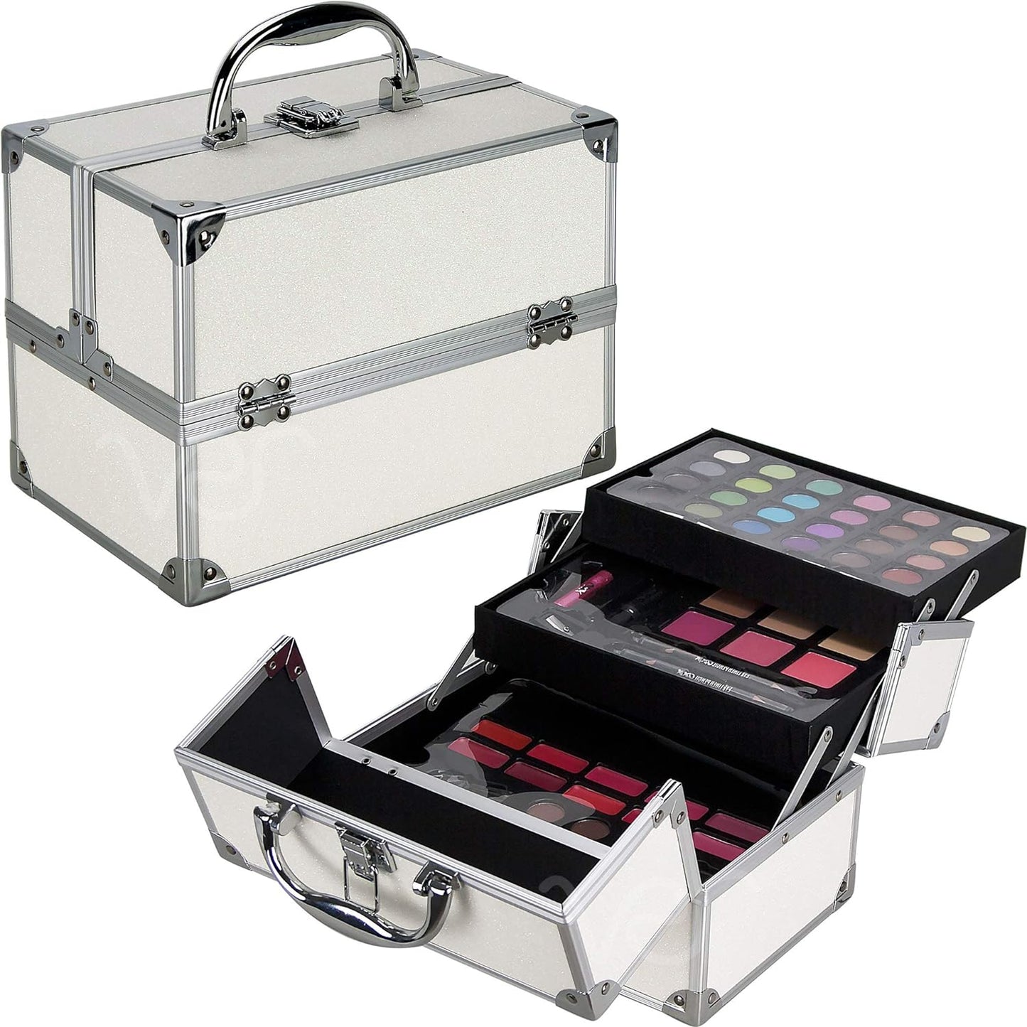 Ver Beauty 55pcs Makeup Gift Set Kit Train Case With Extendable Trays (eyeshadow, Blushes, Lipstick & More) - Vmk1304, White Glitter