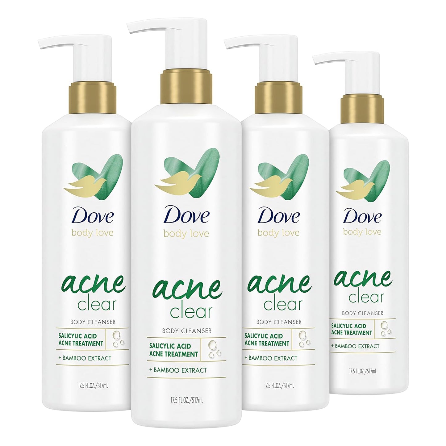 Dove Body Love Body Cleanser Acne Clear 4 Count For Acne-Prone Skin Body Wash with Salicylic Acid and Bamboo Extract 17.5 fl oz