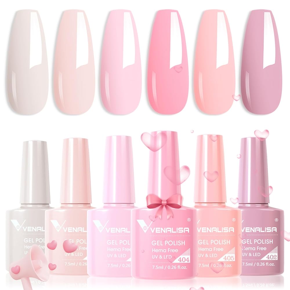 VENALISA Hema-Free Pink Gel Nail Polish Set- 6 Colors Popular Nude Pink Gel Polish Kit, Soak Off LED Nail Lamp Light Pink Gel Manicure Kit DIY at Home Salon Gifts for Women Girls