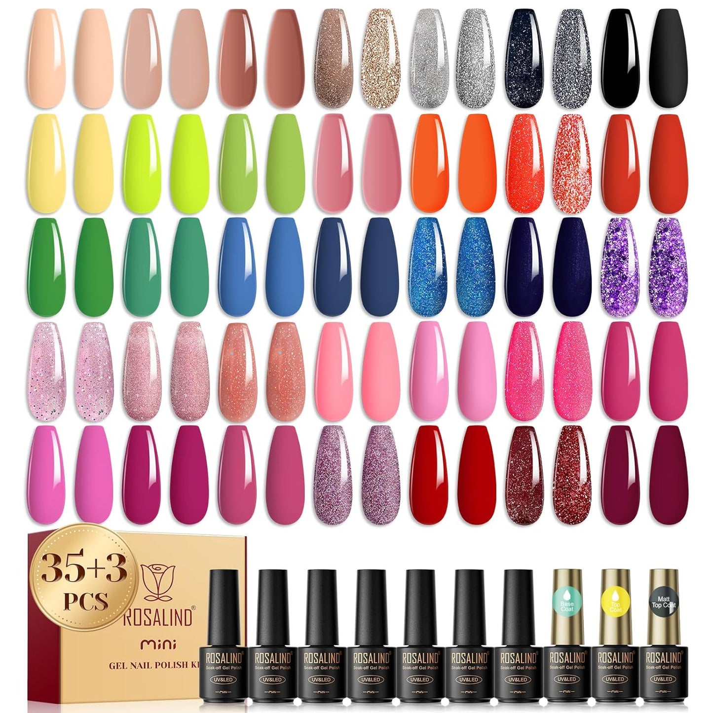 ROSALIND 38PCS Gel Nail Polish Set All Seasons Red Pink Nude Blue Green Gel Polish Set No Wipe Soak Off Base and Glossy & Matte Gel Top Coat Nail Gel Set Suitable For Manicure Gift Choice