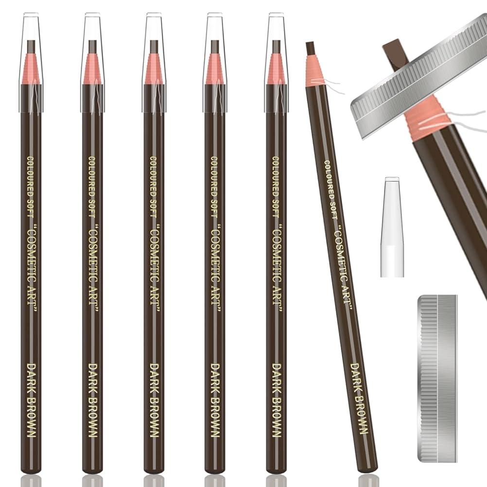 6 Piece Dark Brown Waterproof Eyebrows Pencil Tattoo Makeup And Microblading Supplies Kit-Permanent Eye Brow Liners In 5 Colors Eyebrow Pencils Peel - Set For Marking_Dark Brown_