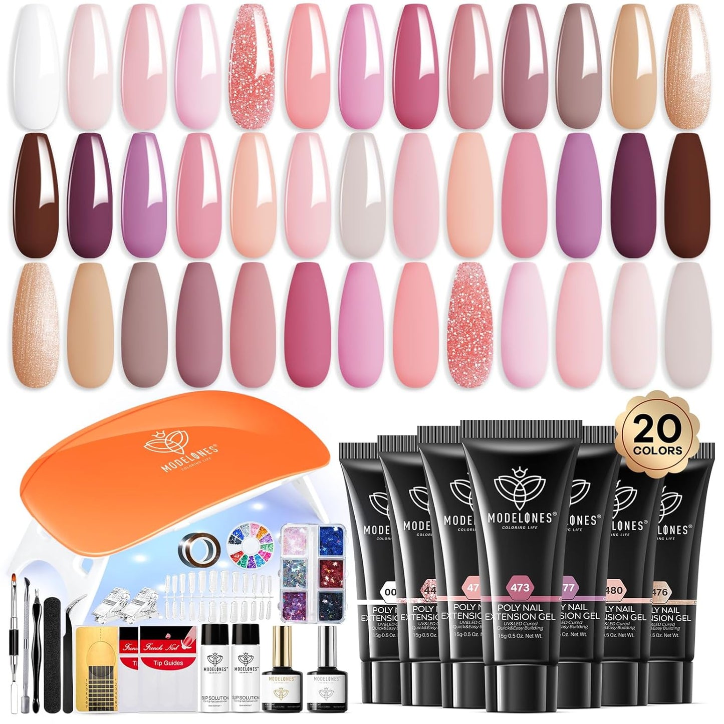 Modelones Poly Gel Nail Kit Starter Kit 20 Colors Nude Pink Glitter with Nail Lamp All-in-one Complete Kit Nail Extension DIY at Home Beauty Valentine's Day Gifts