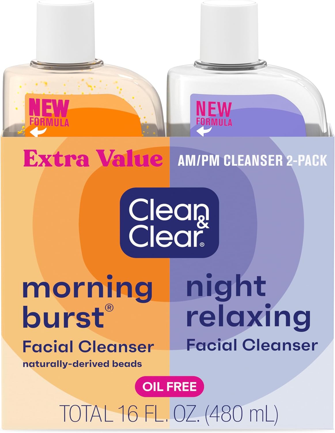 Clean & Clear 2 Piece Set - Day and Night Face Cleanser Citrus Morning Burst Facial Cleanser with Vitamin C and Cucumber, Relaxing Night Facial Cleanser with Sea Minerals, Oil Free