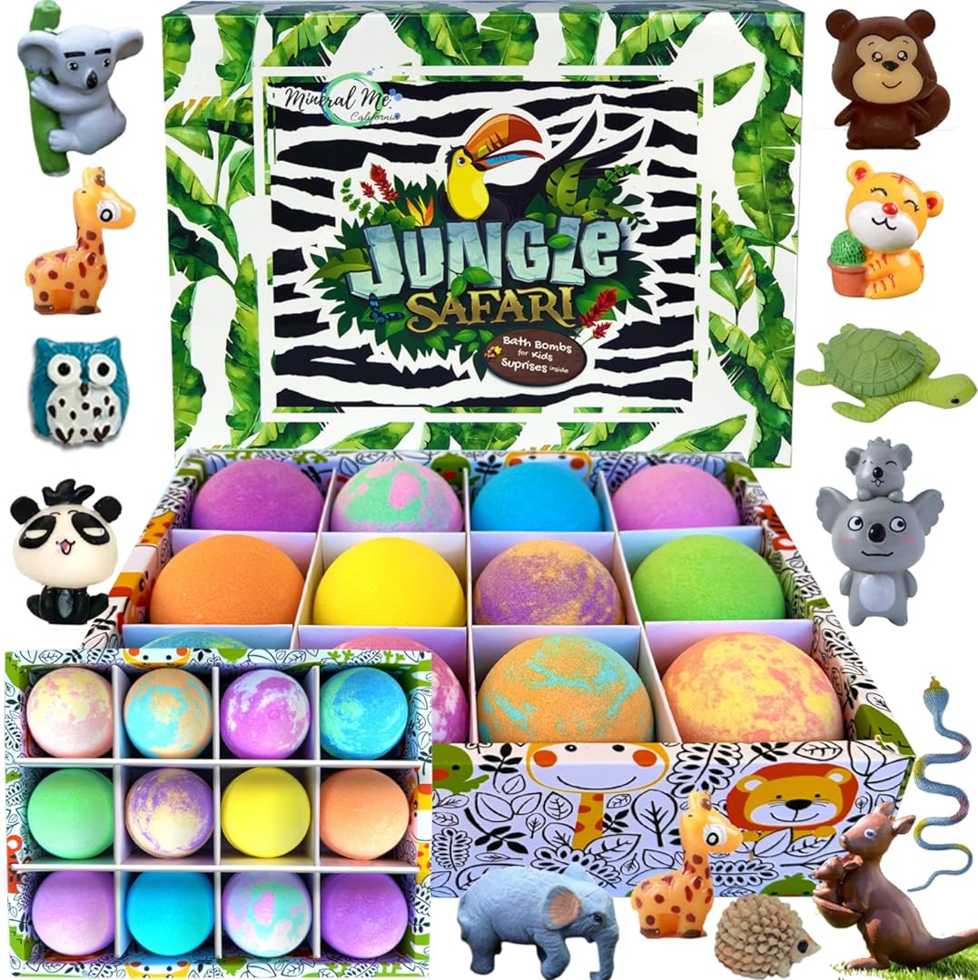 Bath Bombs for Kids with Surprise Inside, 12 Organic Bubble Bath Fizzies with Jungle Animal Toys. Moisturizing, Gentle and Kids Safe, Rainbow Spa Bath Fizz Ball, Valentine's Gift for Kid, Boys, Girls