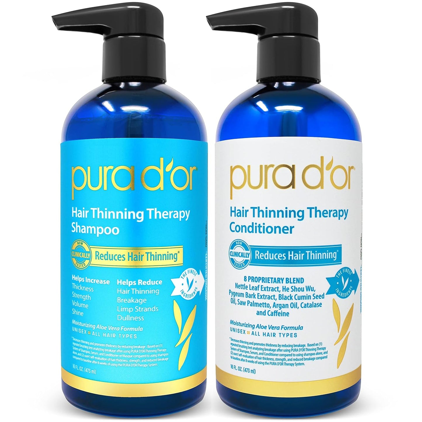 PURA D'OR Hair Thinning Therapy Biotin Shampoo and Conditioner Set, CLINICALLY TESTED Proven Results, DHT Blocker Hair Thickening Products For Women & Men, Natural Routine, Color Safe, 16oz x2