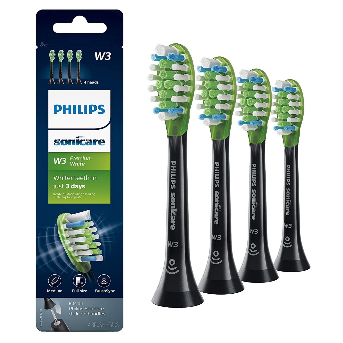Philips Sonicare Genuine W3 Premium White Replacement Toothbrush Heads, 4 Brush Heads, Black, HX9064/95