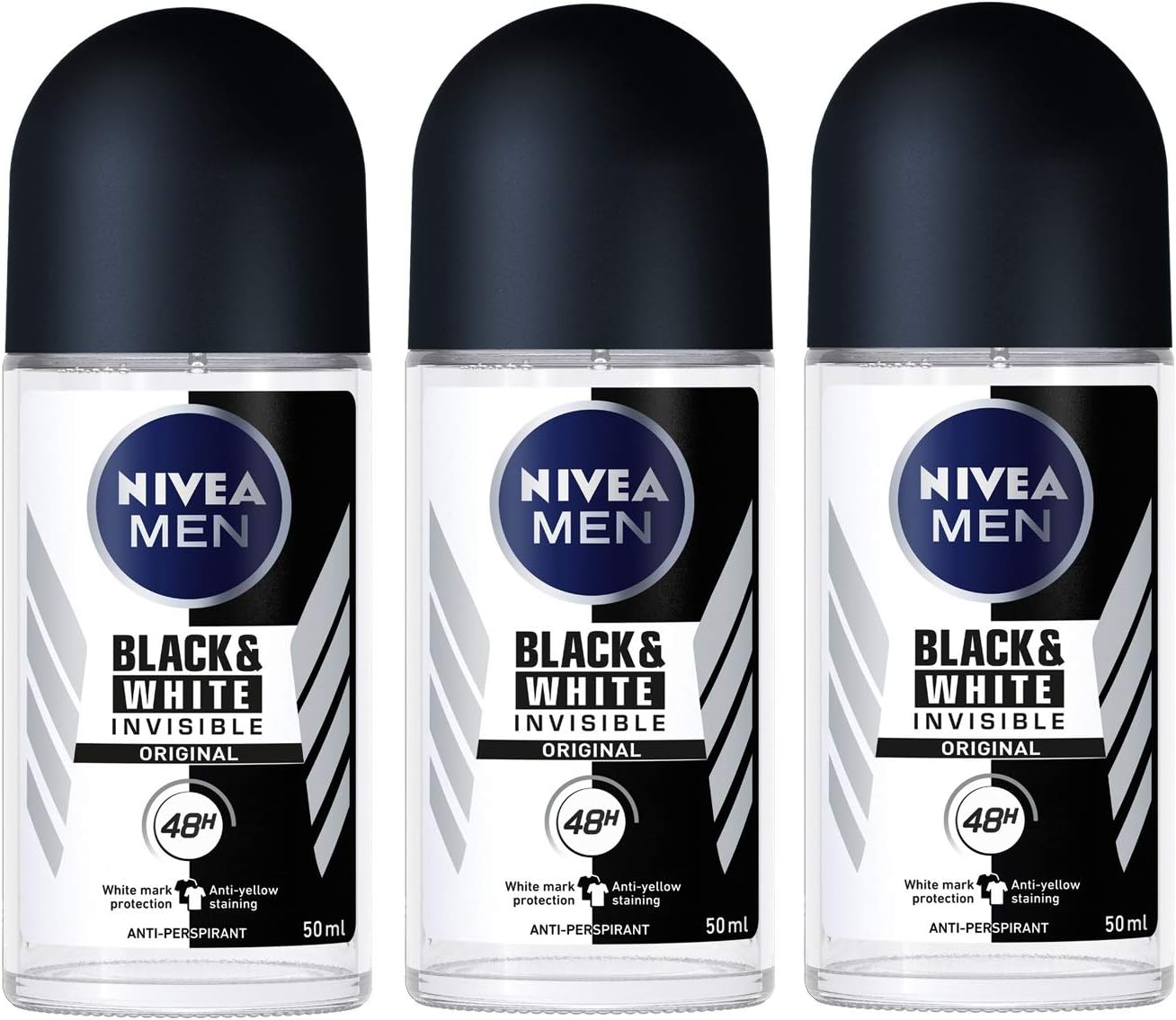 Nivea for Men Invisible for Black & White 48 Hours Deodorant Roll on 50 Ml. 3 Pack l