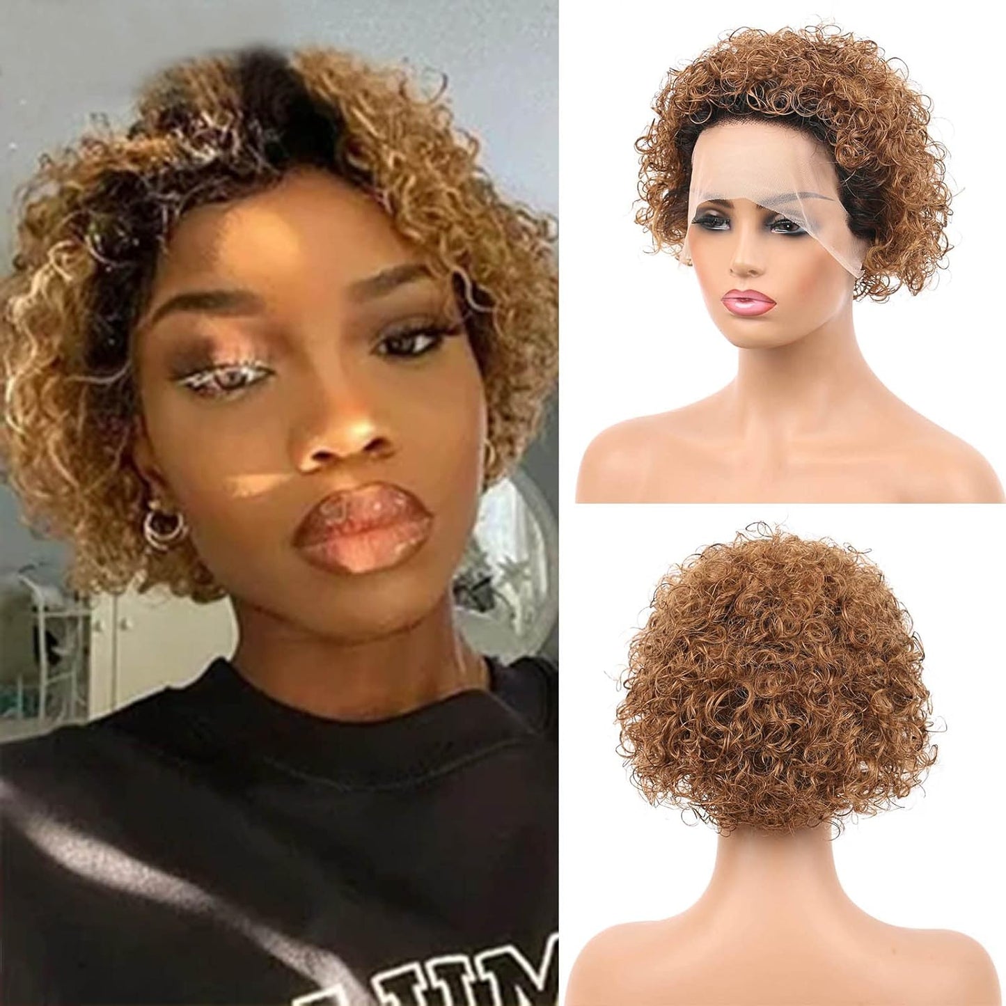 huarisi 1b/30 Curly Pixie Cut Wigs 13x1 Lace Front Wigs for Women Transparent Lace Wig Human Hair Wig Ombre 1b and Auburn Brown Short Remy Curly Wigs Pre Plucked 6 Inch