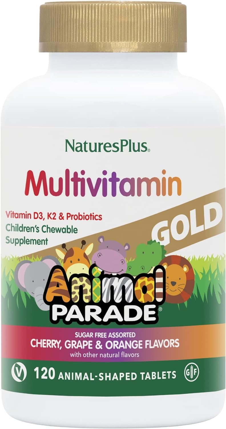 NaturesPlus Animal Parade Gold Children's Multivitamin - Assorted Cherry, Orange & Grape Flavors - 120 Chewable Animal-Shaped Tablets - Vegetarian, Gluten Free - 60 Servings