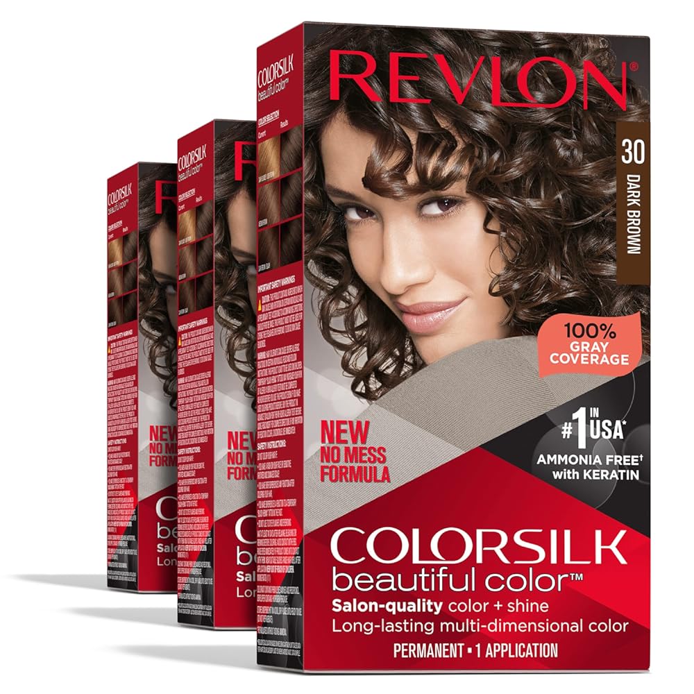 Revlon Permanent Hair Color, Permanent Brown Hair Dye, Colorsilk with 100% Gray Coverage, Ammonia-Free, Keratin and Amino Acids, Brown Shades (Pack of 3)