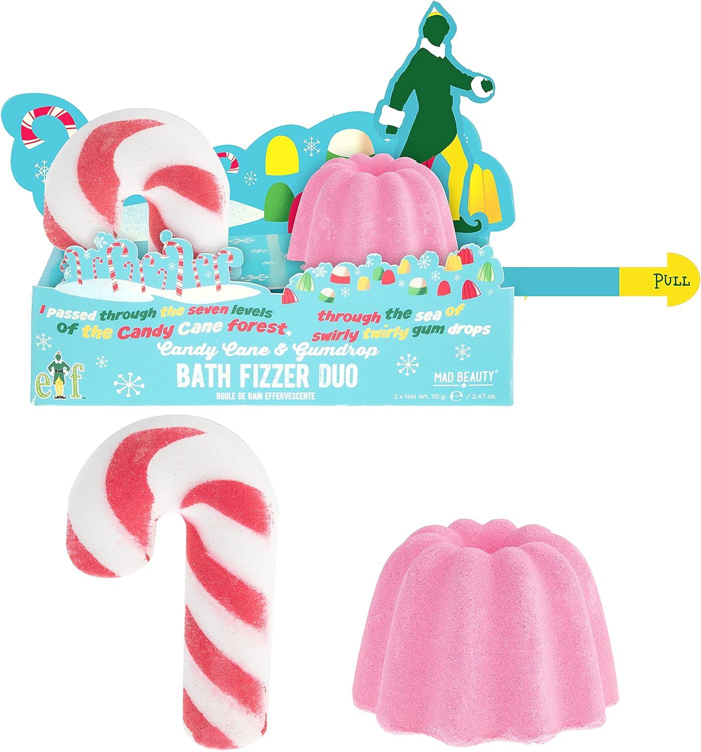 MAD BEAUTY Warner Bros Elf Bath Fizzers Duo, Candy Cane & Swirly Gum Drop Scented Bath Salts, Body Care, Healthy Glowing Skin, Relax, Unwind