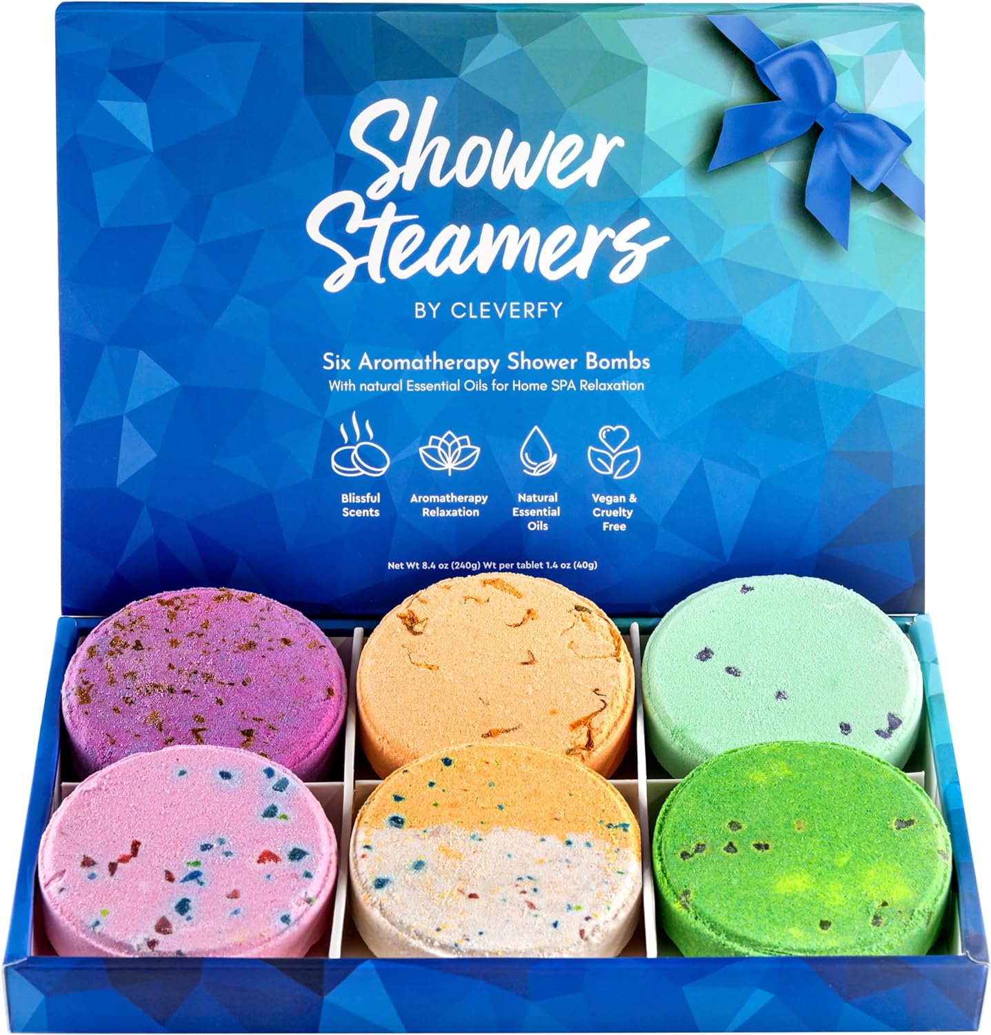 Cleverfy Shower Steamers Aromatherapy - Variety Gift Box of 6 Shower Bombs with Essential Oils. Self Care Birthday Gifts for Women and Valentines Day Gifts for Her and Him. Blue Set