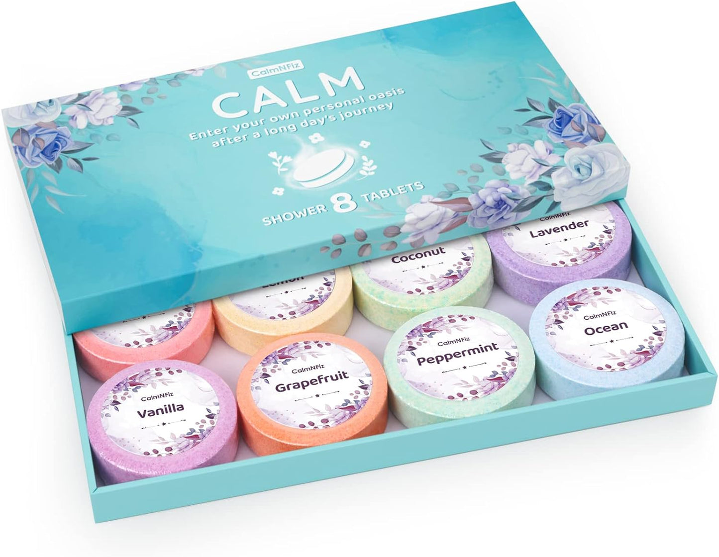 CalmNFiz Shower Steamers - 8 Pack Set Shower Bombs Tablets in Gift Box with 8 Fragrances with Shea Butter for Self-Care & Relaxation, Gifts Idea for Women and Men